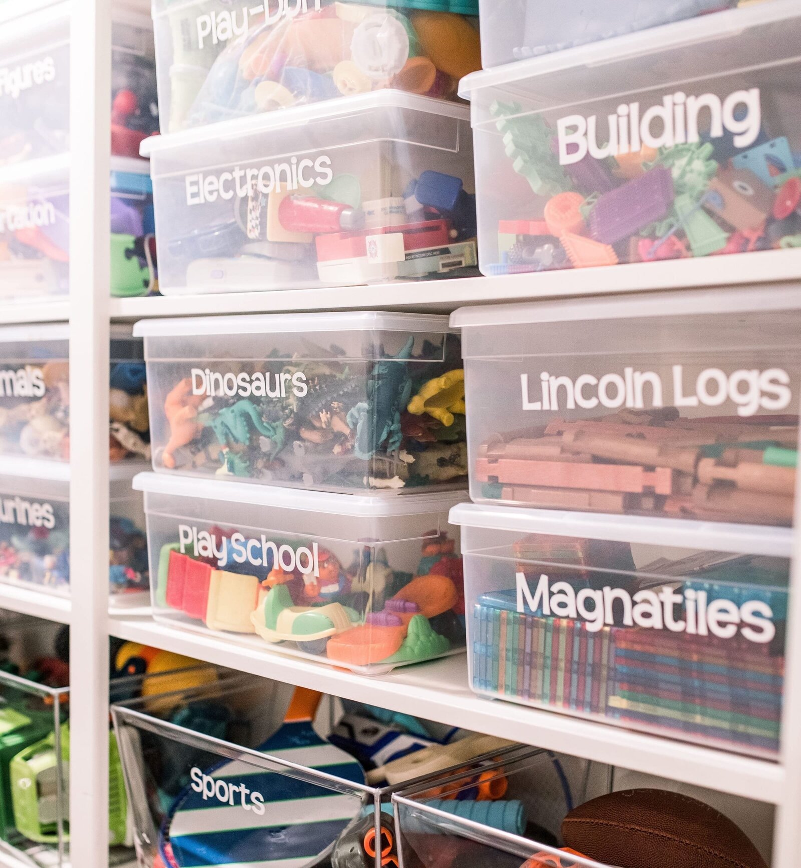vision and hammer toy bin organization with labels