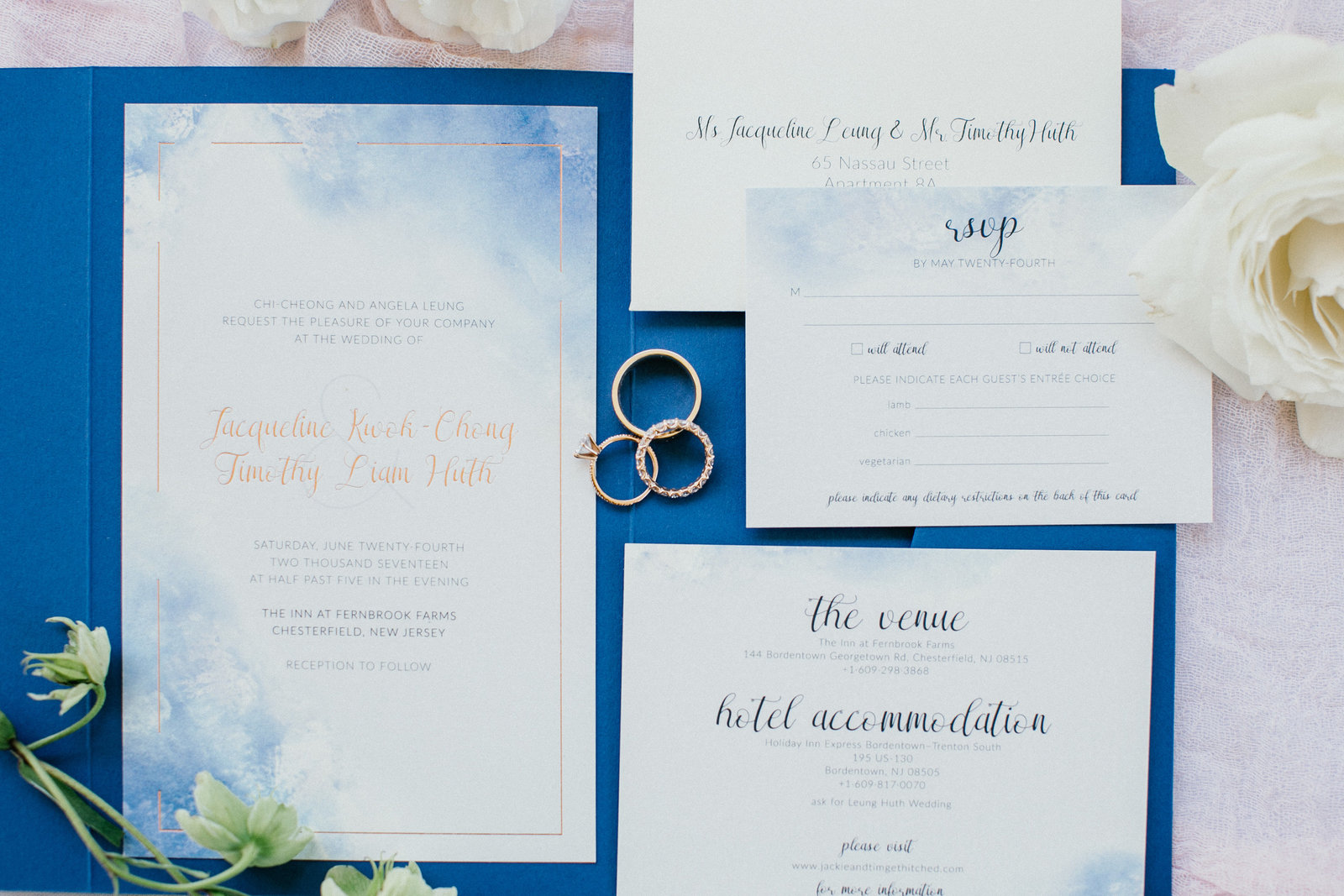 Beautiful invitation suite with bright blue accents.