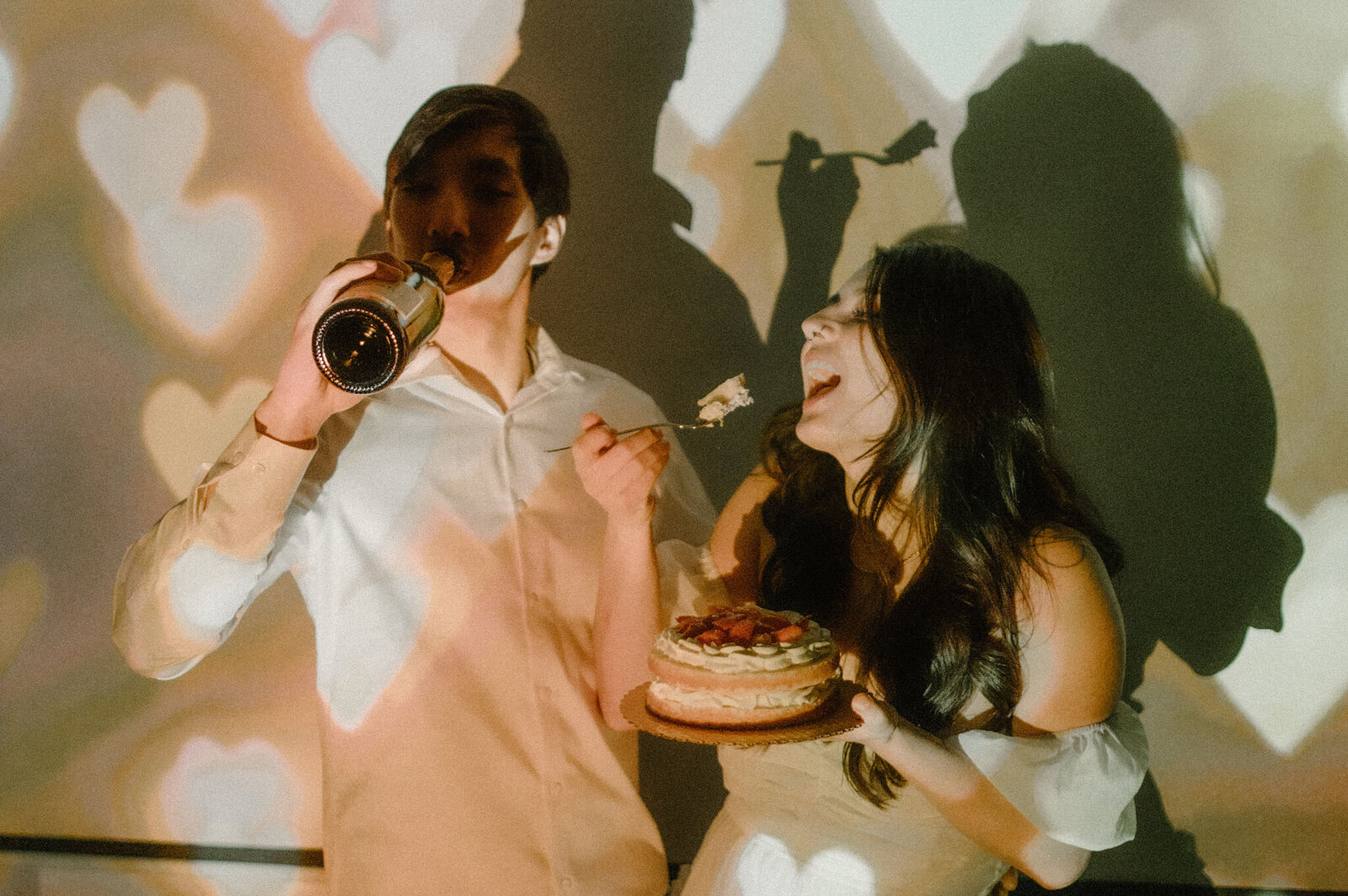 experimental photography, projector portraits, champagne and cake