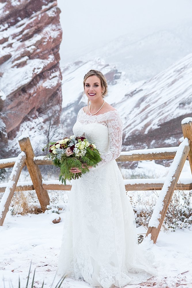 Colorado winter weddings - bride at Red Rocks Park
