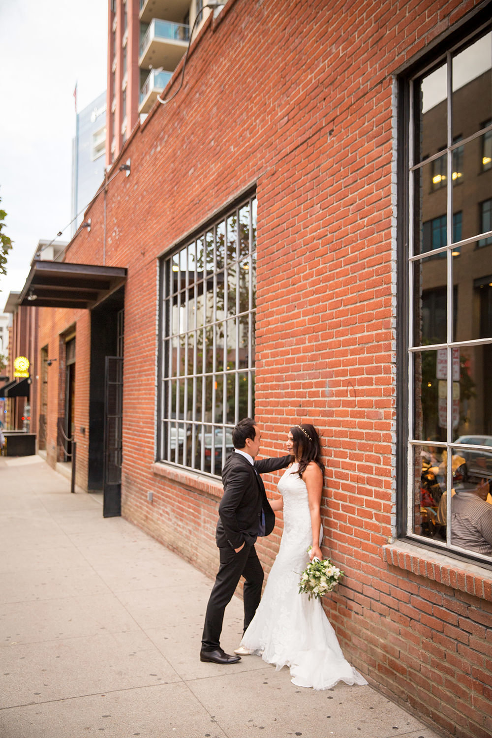 bride and groom in the gaslamp for their luce loft wedding