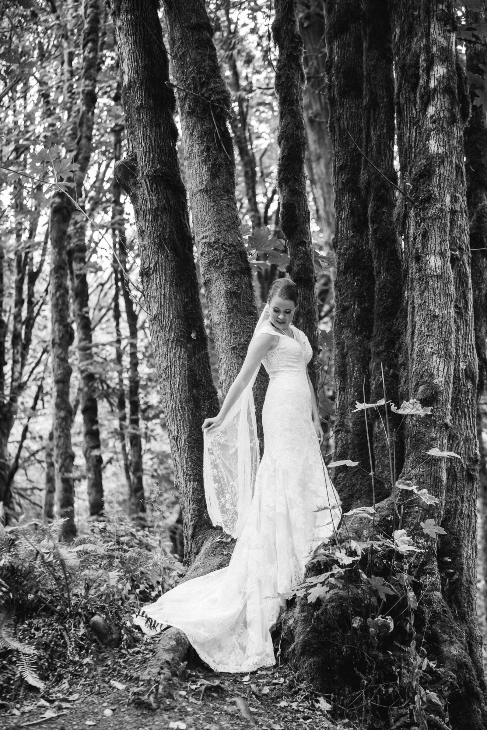 bride stands on stump for beautiful bridal portrait