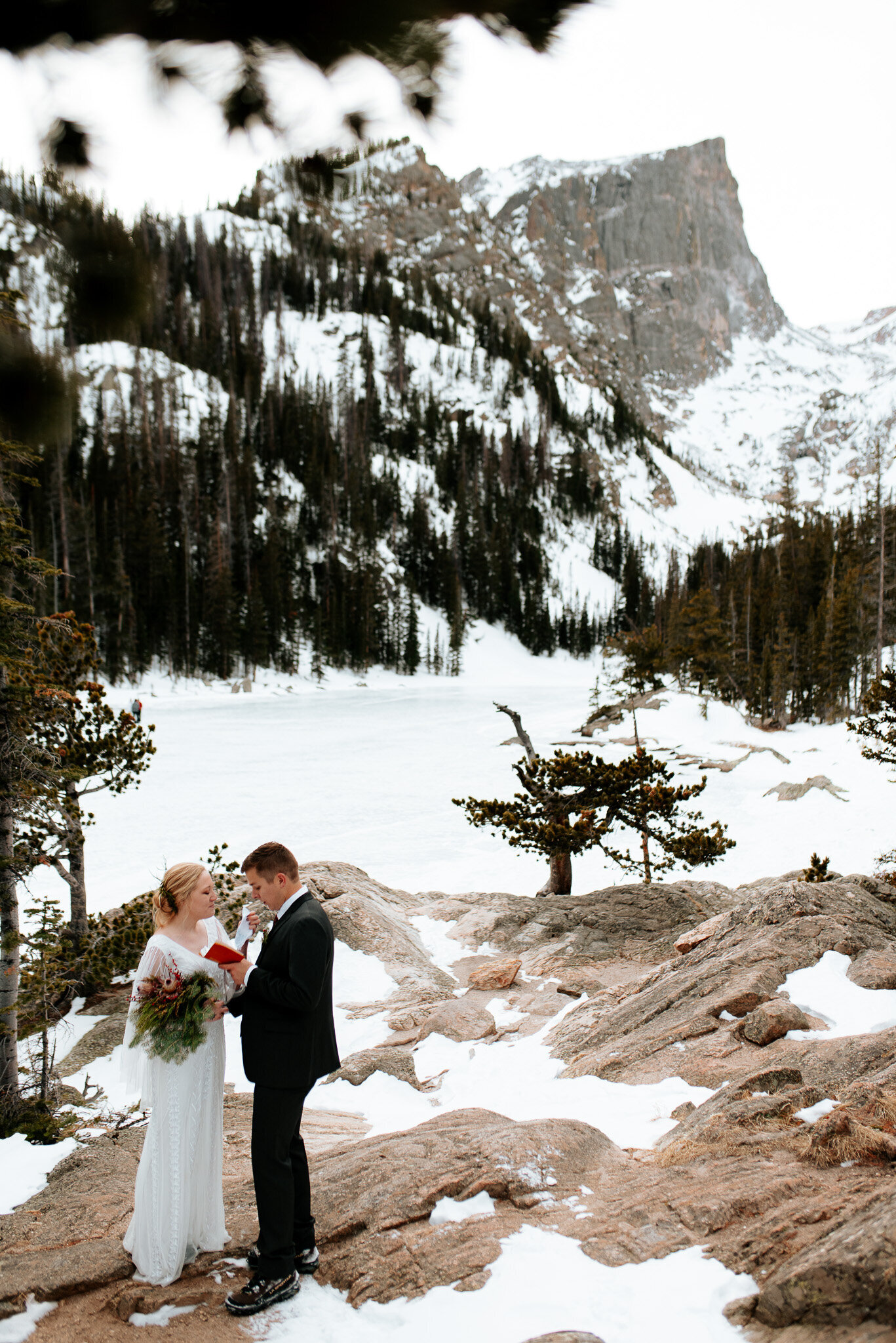 Goregeous elopment photos of bride and groom in Rocky Mountain National Park in the snow.