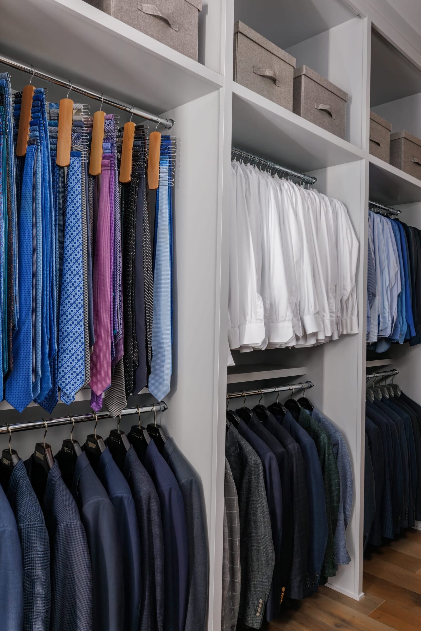 vision and hammer organizing mens closet with ties and dress shirts