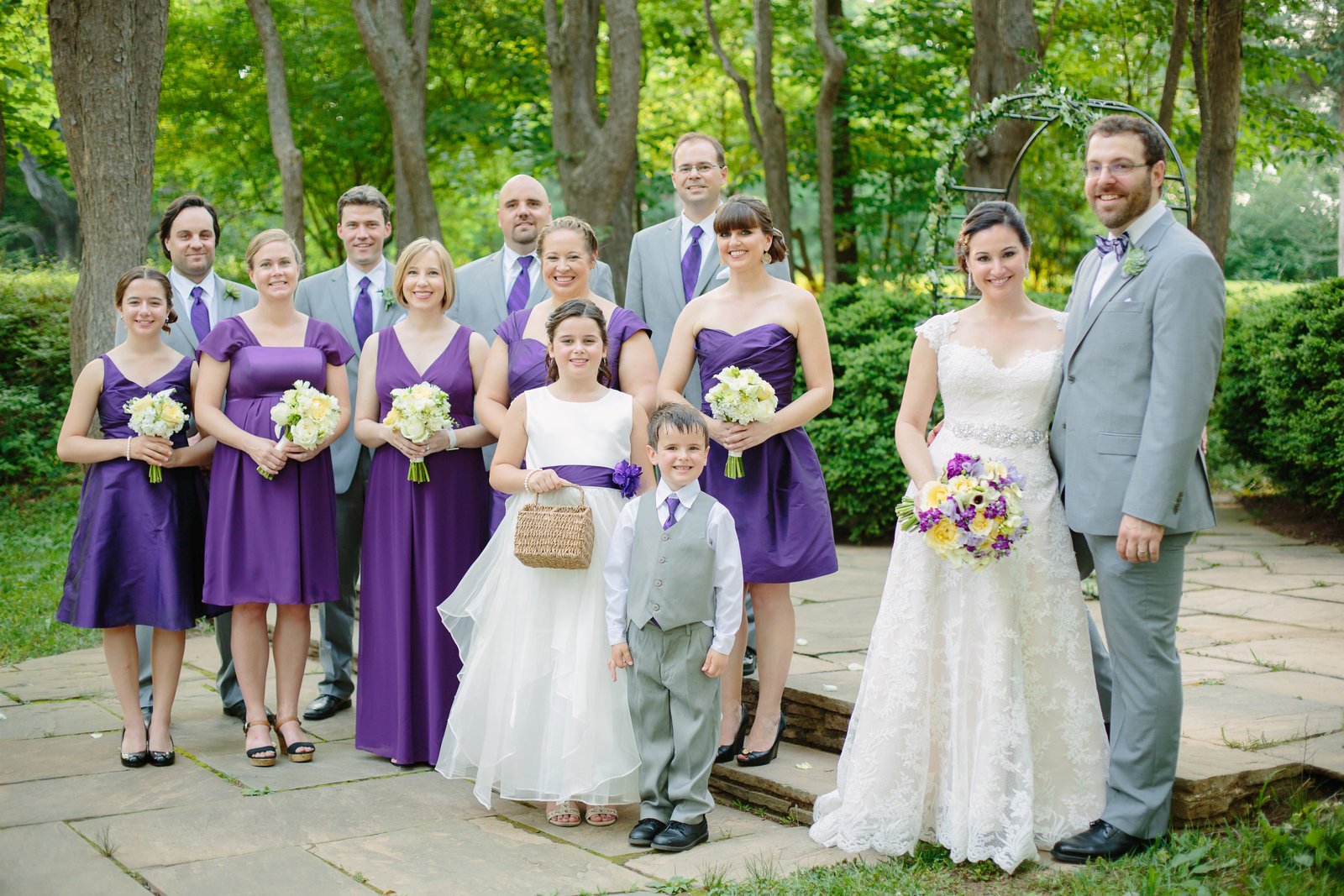 Woodend Sanctuary Wedding Bridal Party with purple and grey