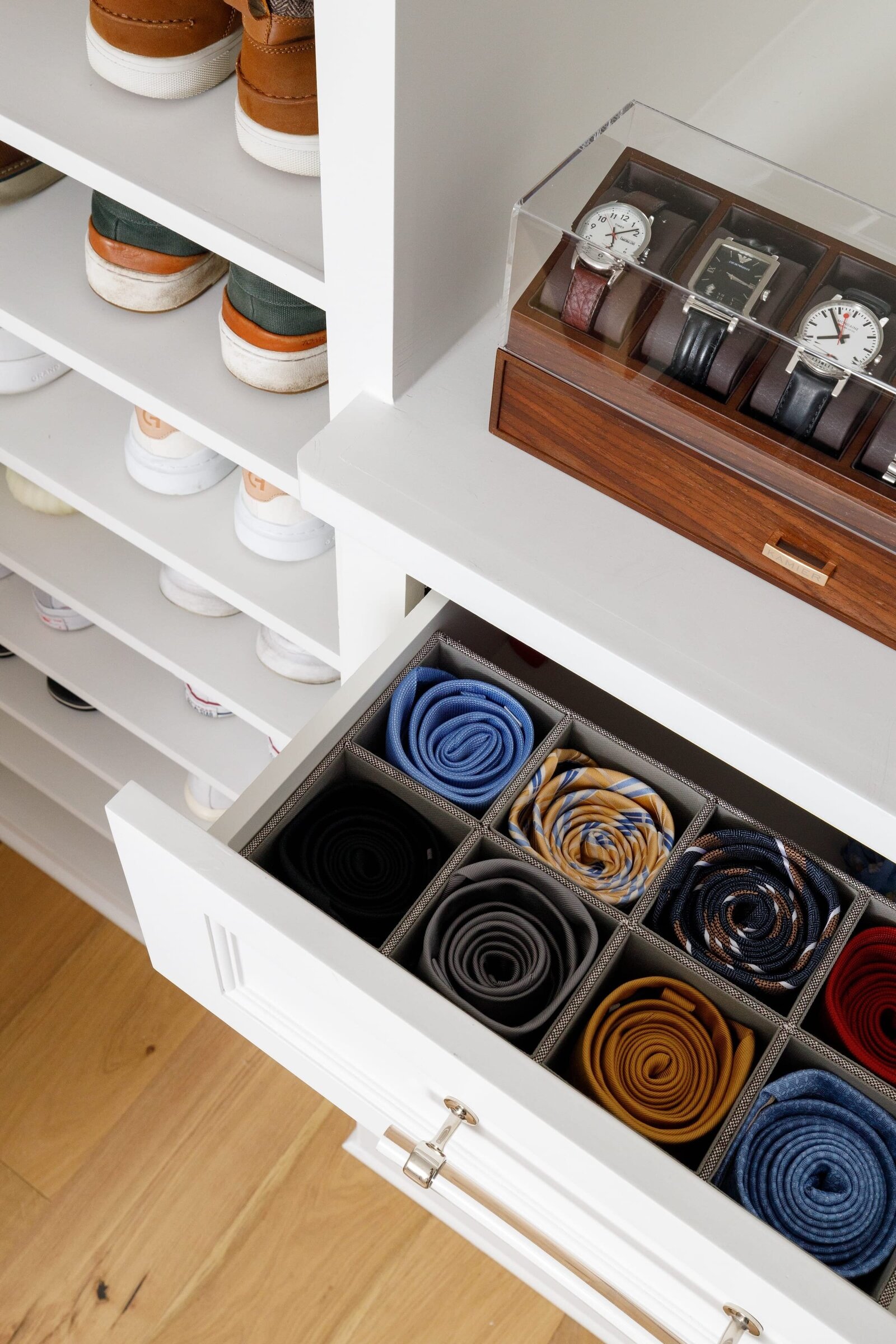 vision and hammer mens closet with ties and shoes