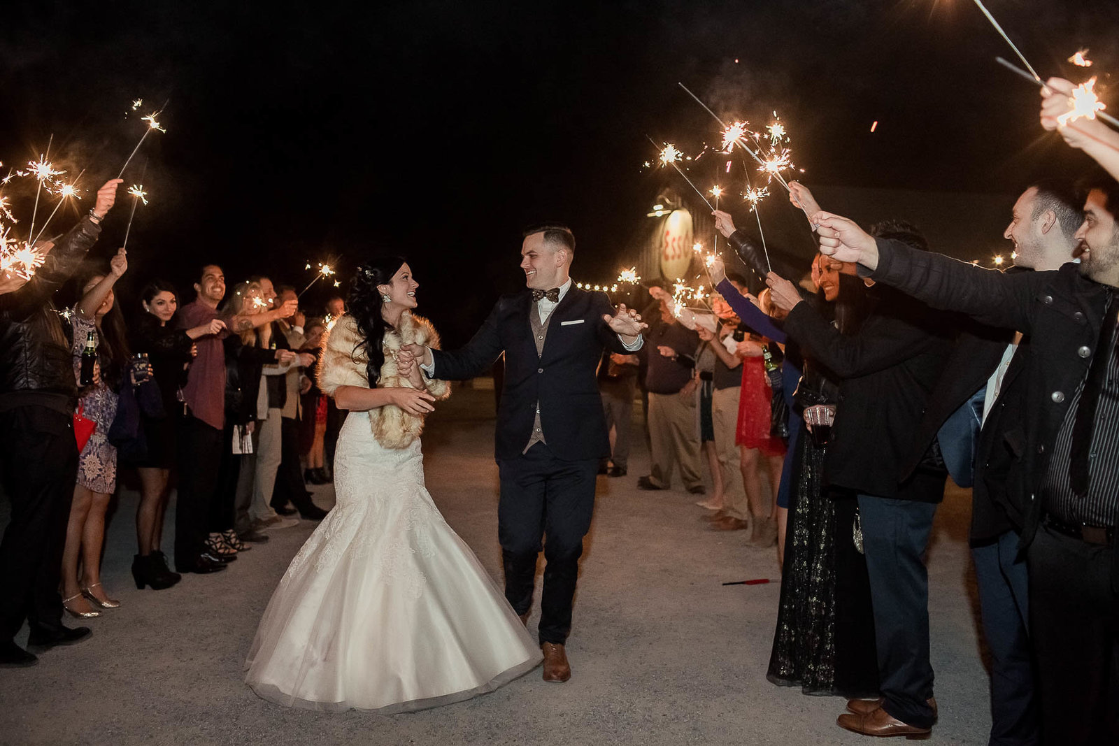 Bride and groom have a sparkler exit, Boals Farm, Charleston, South Carolina