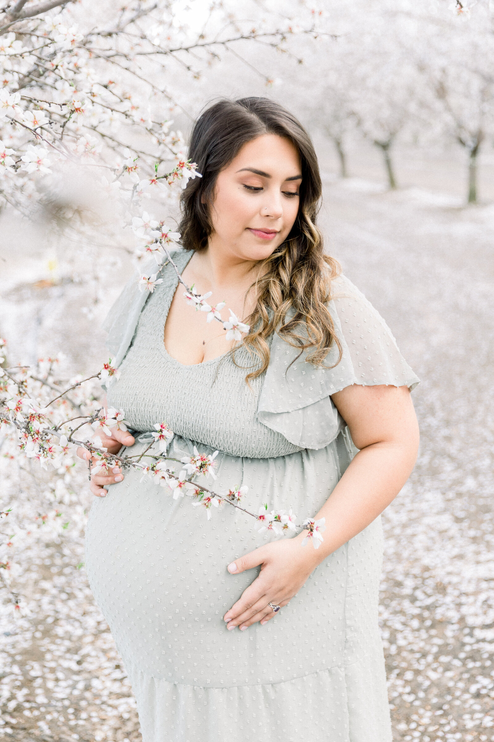 Image of expecting mother in almond orchard in teal dress taken by Sacramento Newborn Photographer Kelsey Krall