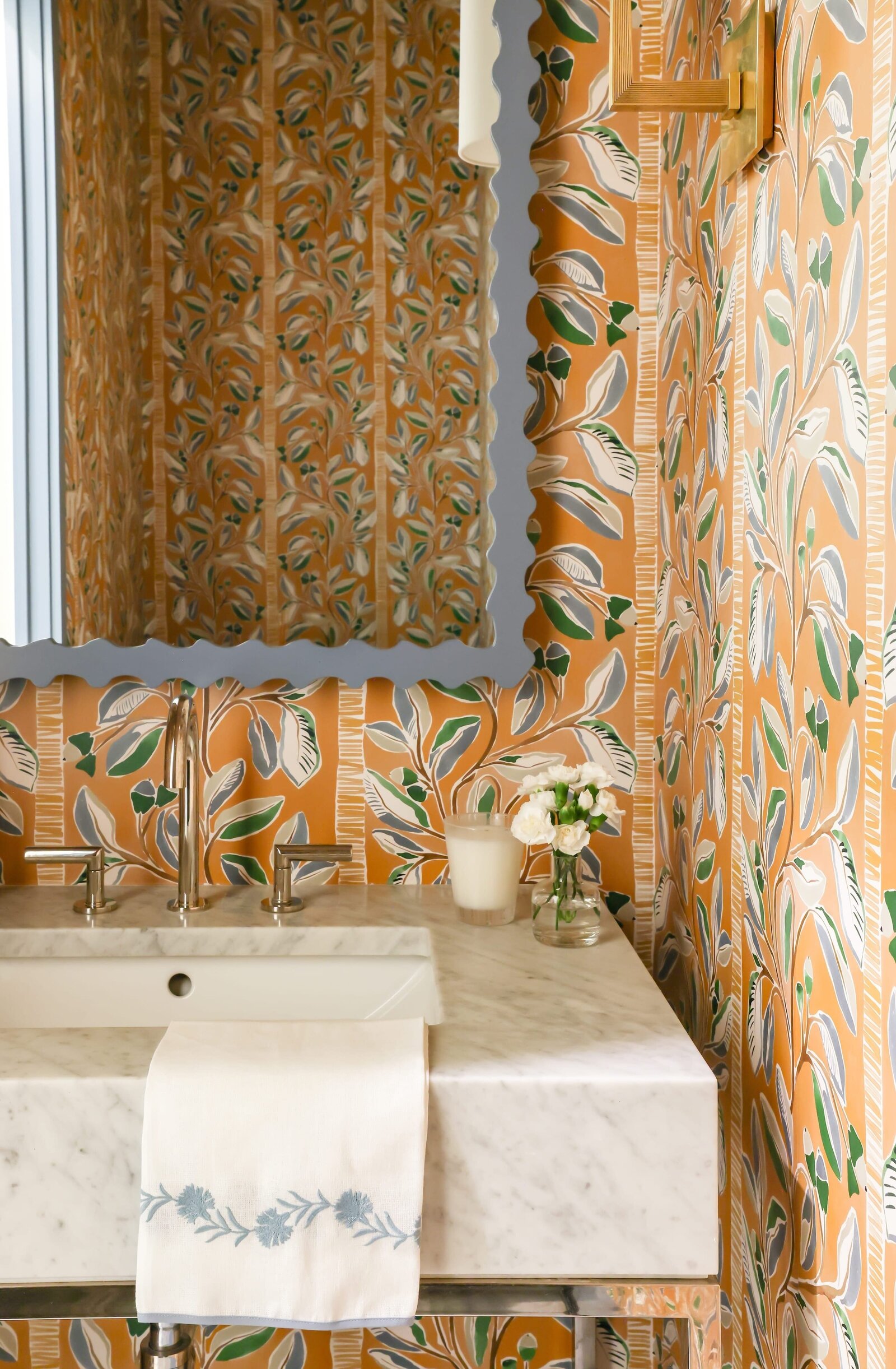 vision and hammer bathroom with orange floral wallpaper