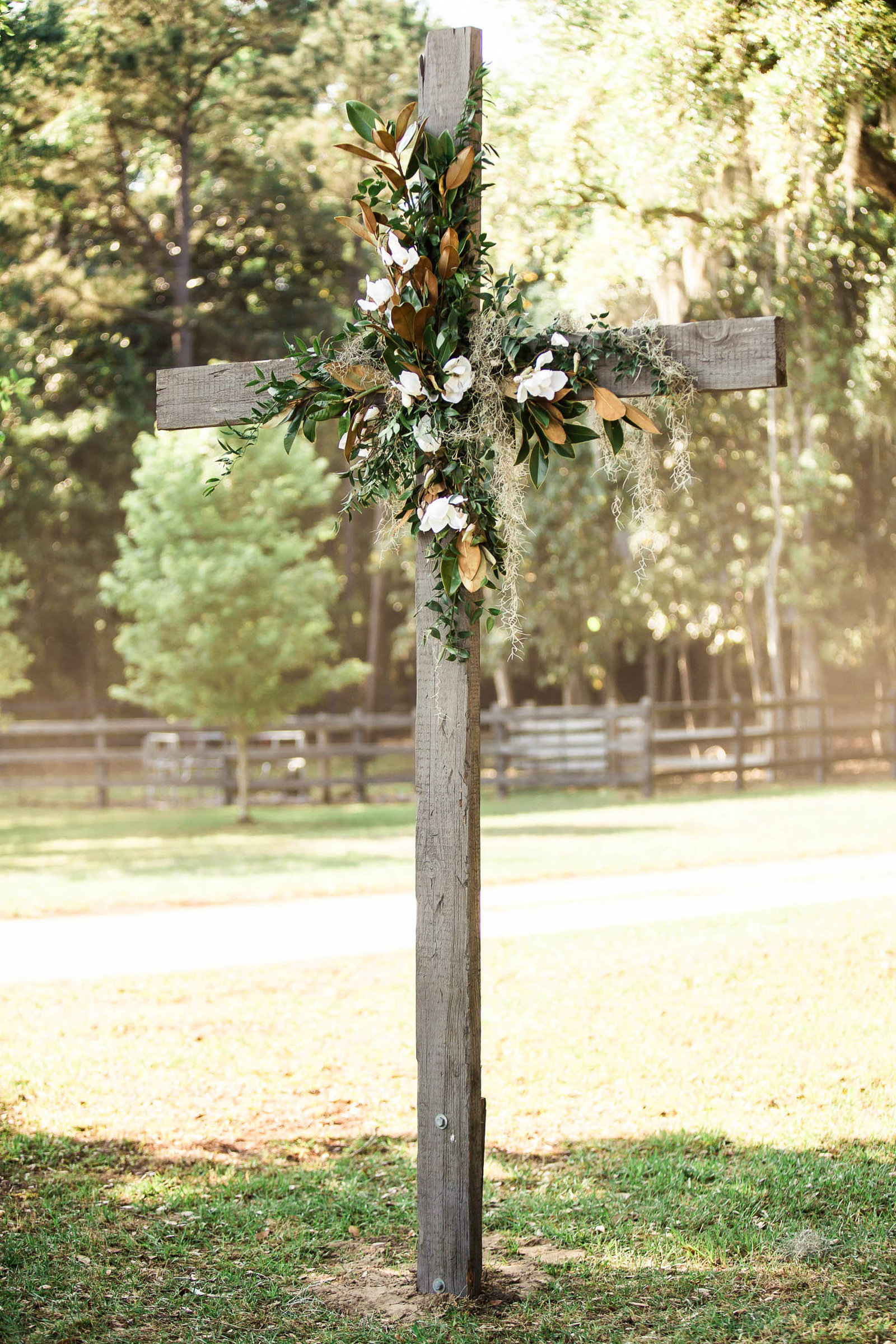 Cross is decorated with magnolias, Oakland Plantation, Mt Pleasant, South Carolina