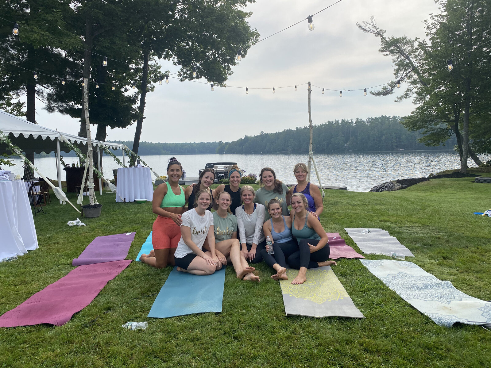 bride and friends after wedding morning yoga