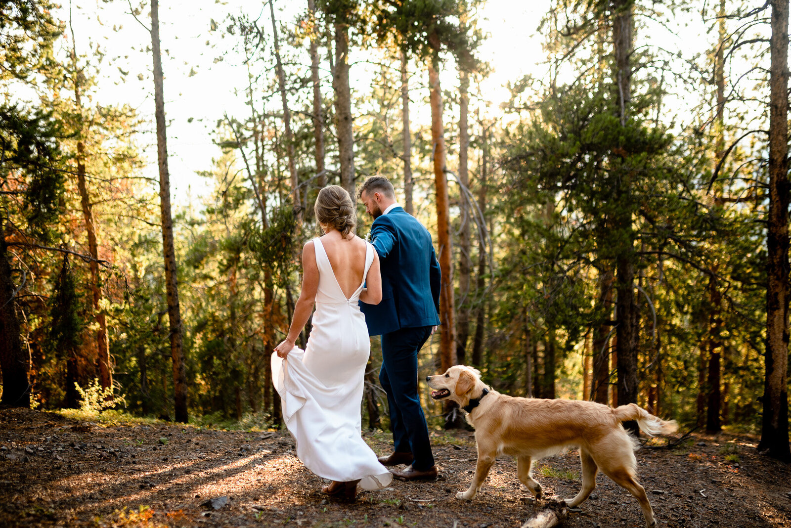 Dog follows newlyweds down the trail in Estes Park Colorado elopement wedding.