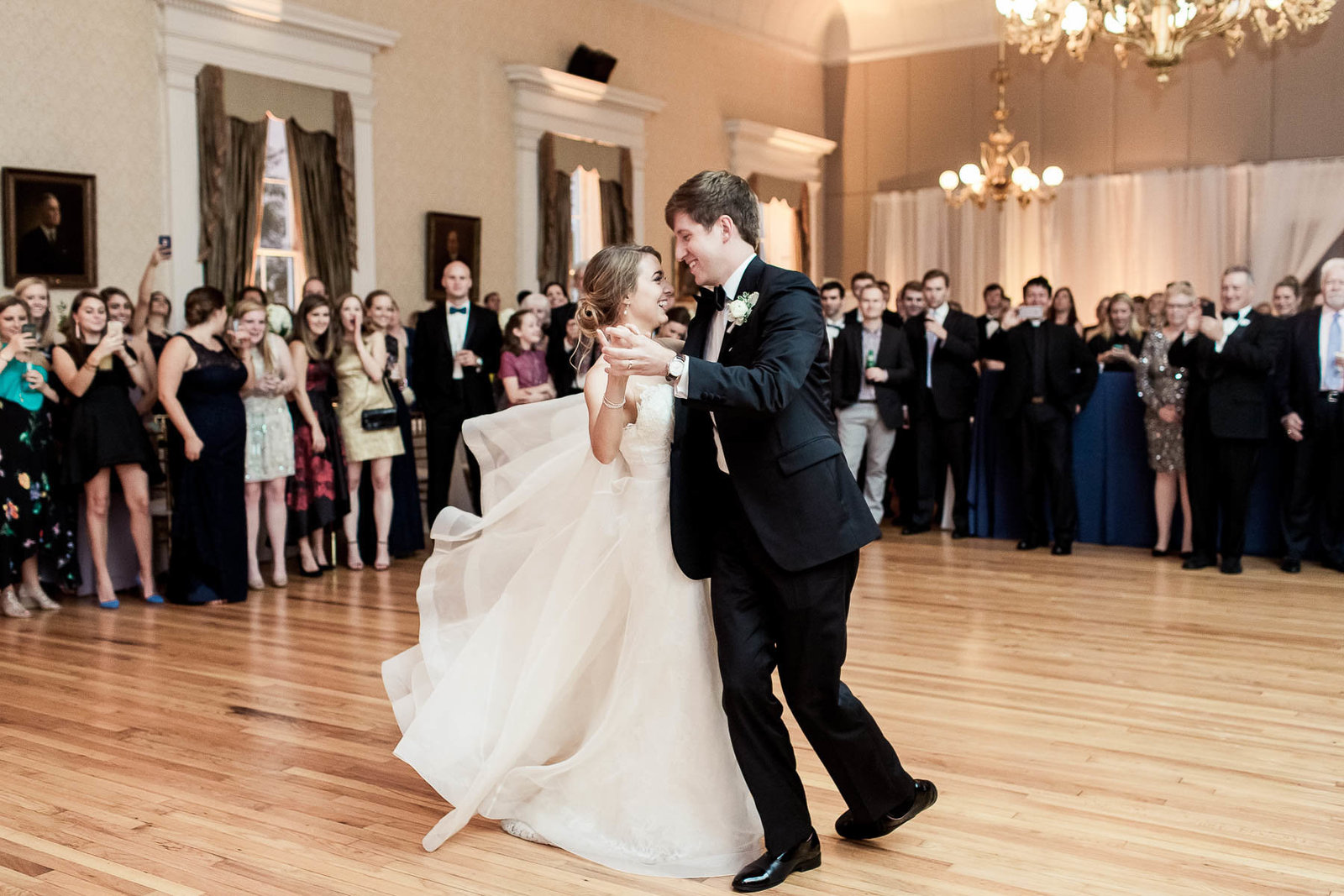 Bride and groom have first dance, Hibernian Hall, Charleston, South Carolina