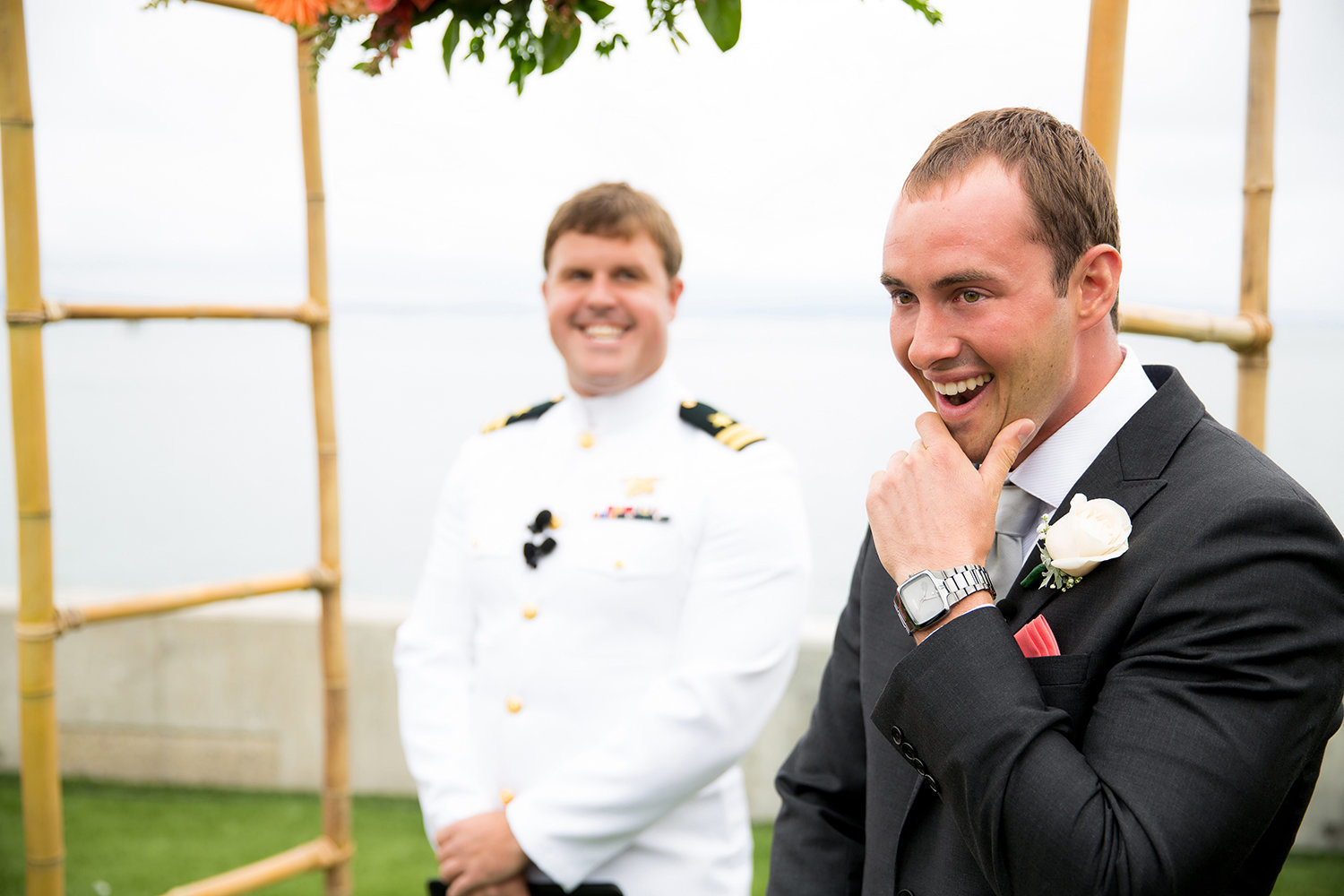 Point Loma Sub Base wedding photos groom seeing bride first time at ceremony