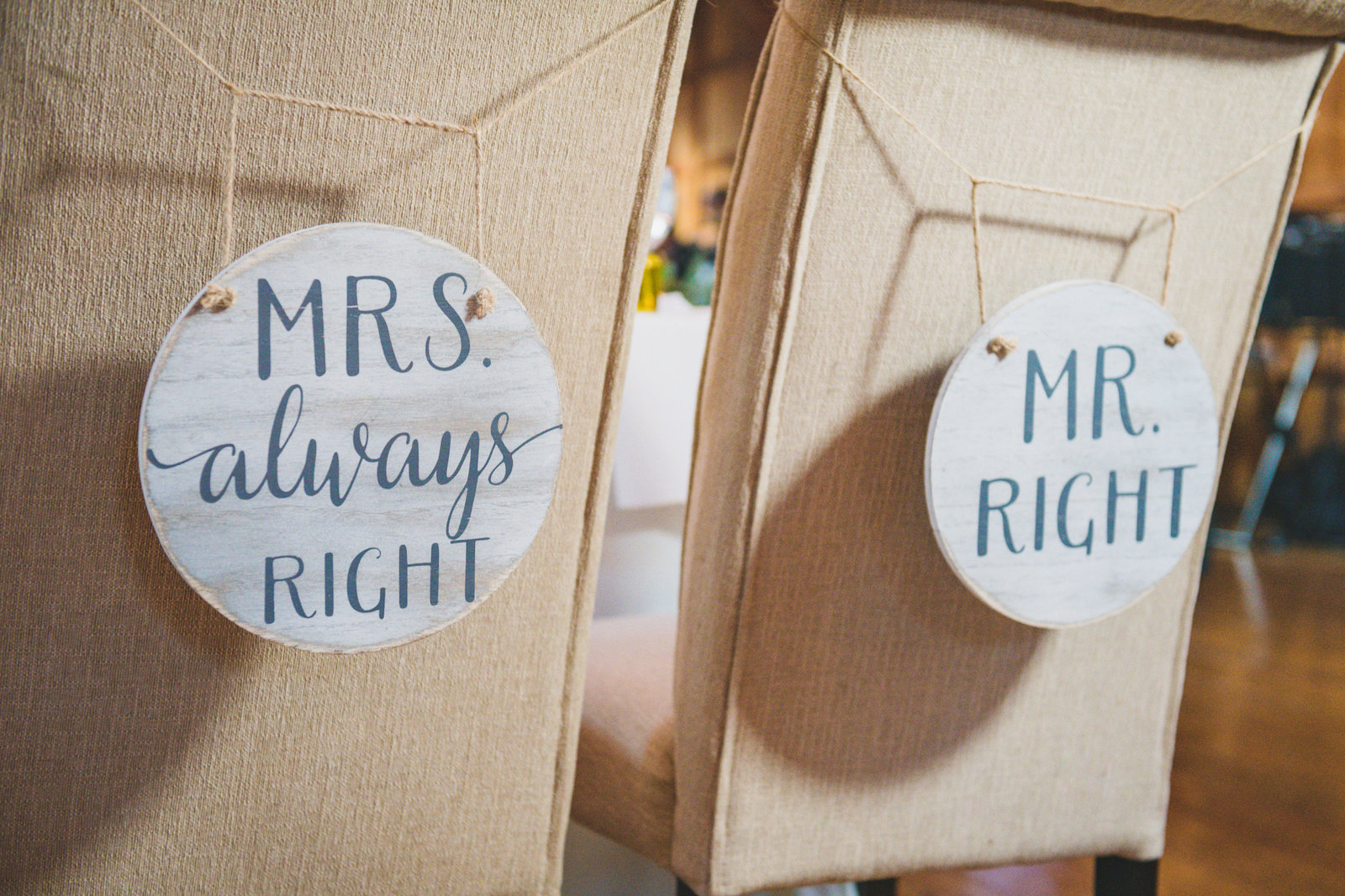 mrs. always right and mr. right chair signs at The Barn at Old Bethpage