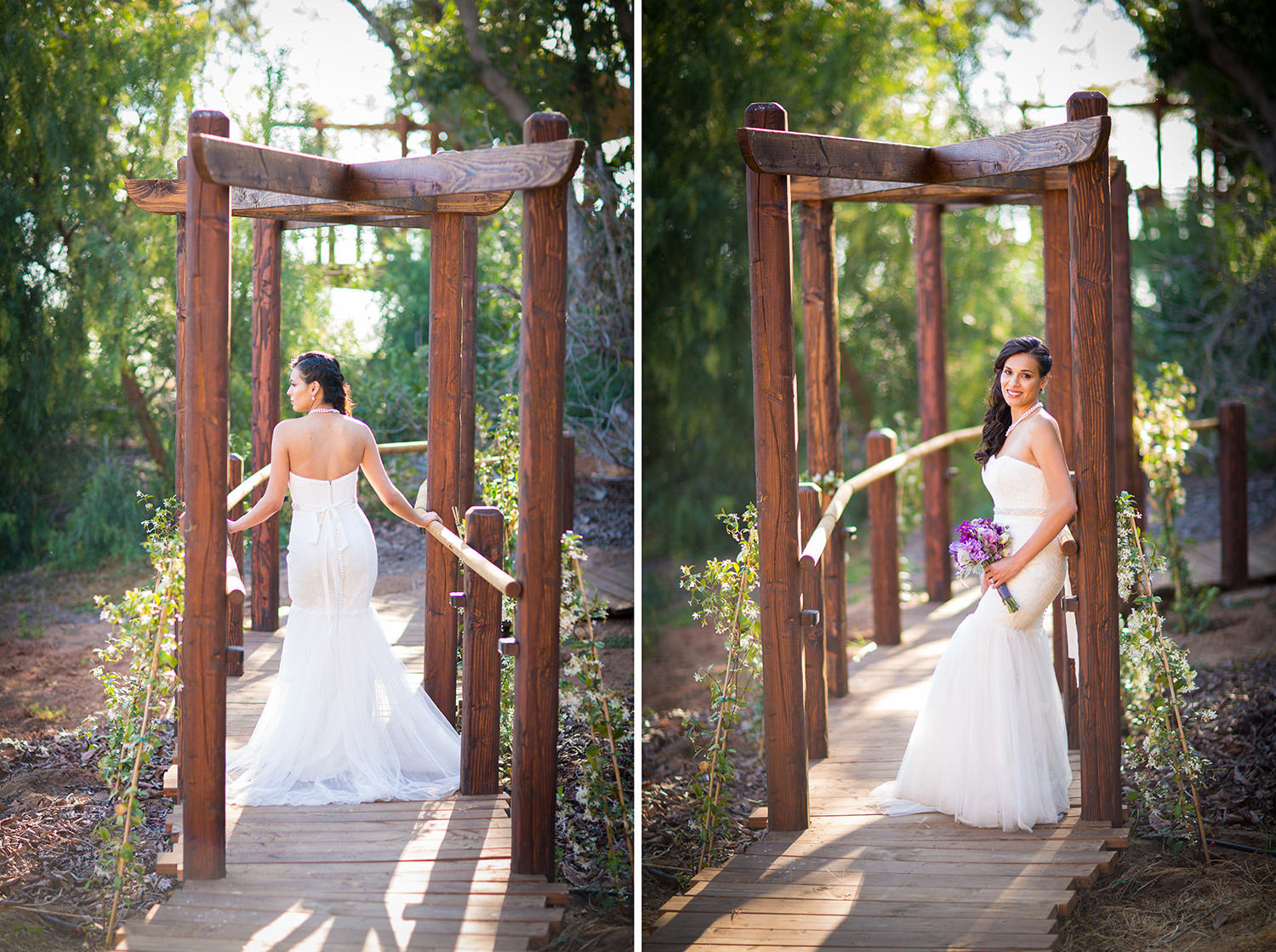 bride on rustic wood bridge