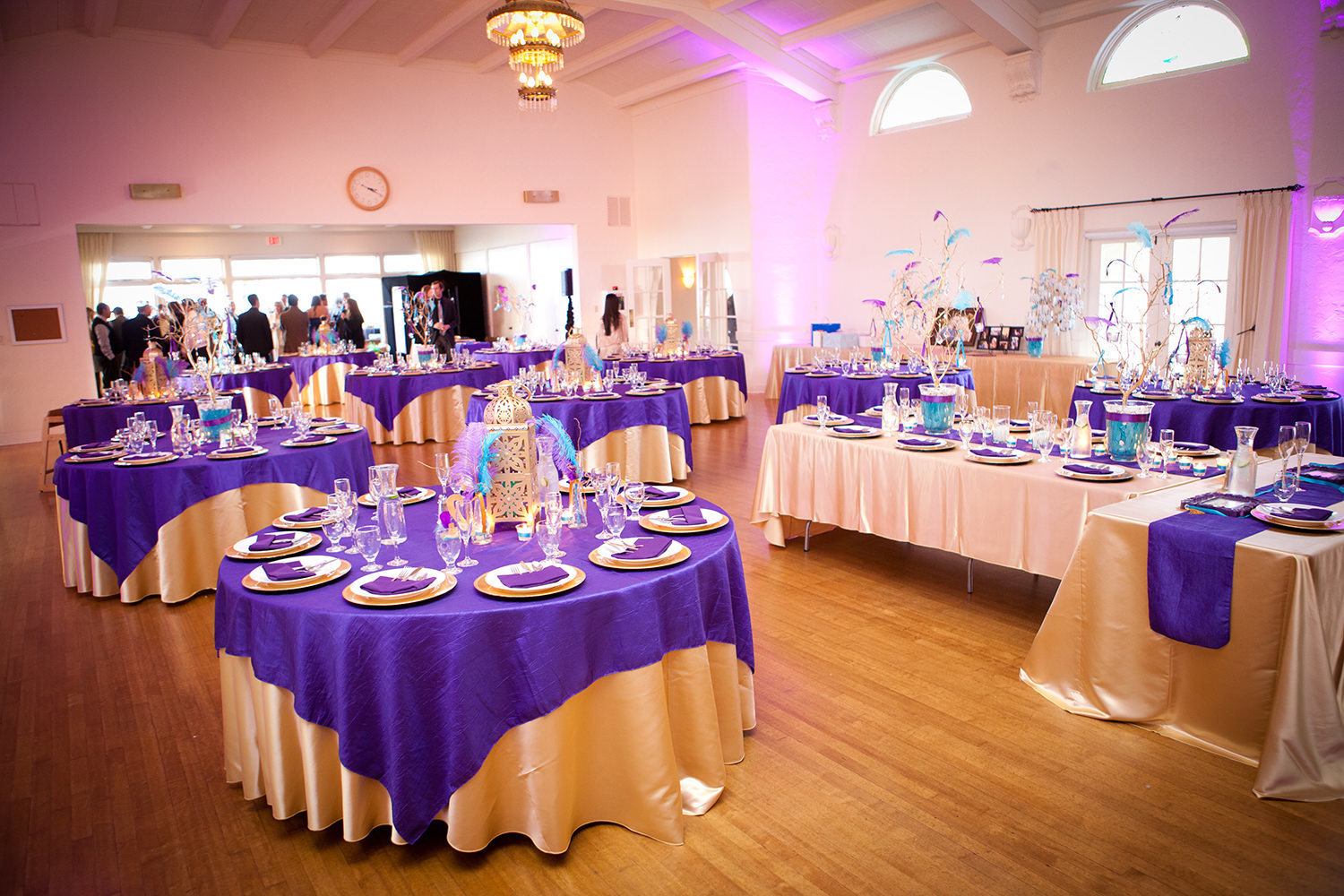 pink and purple uplighting at reception