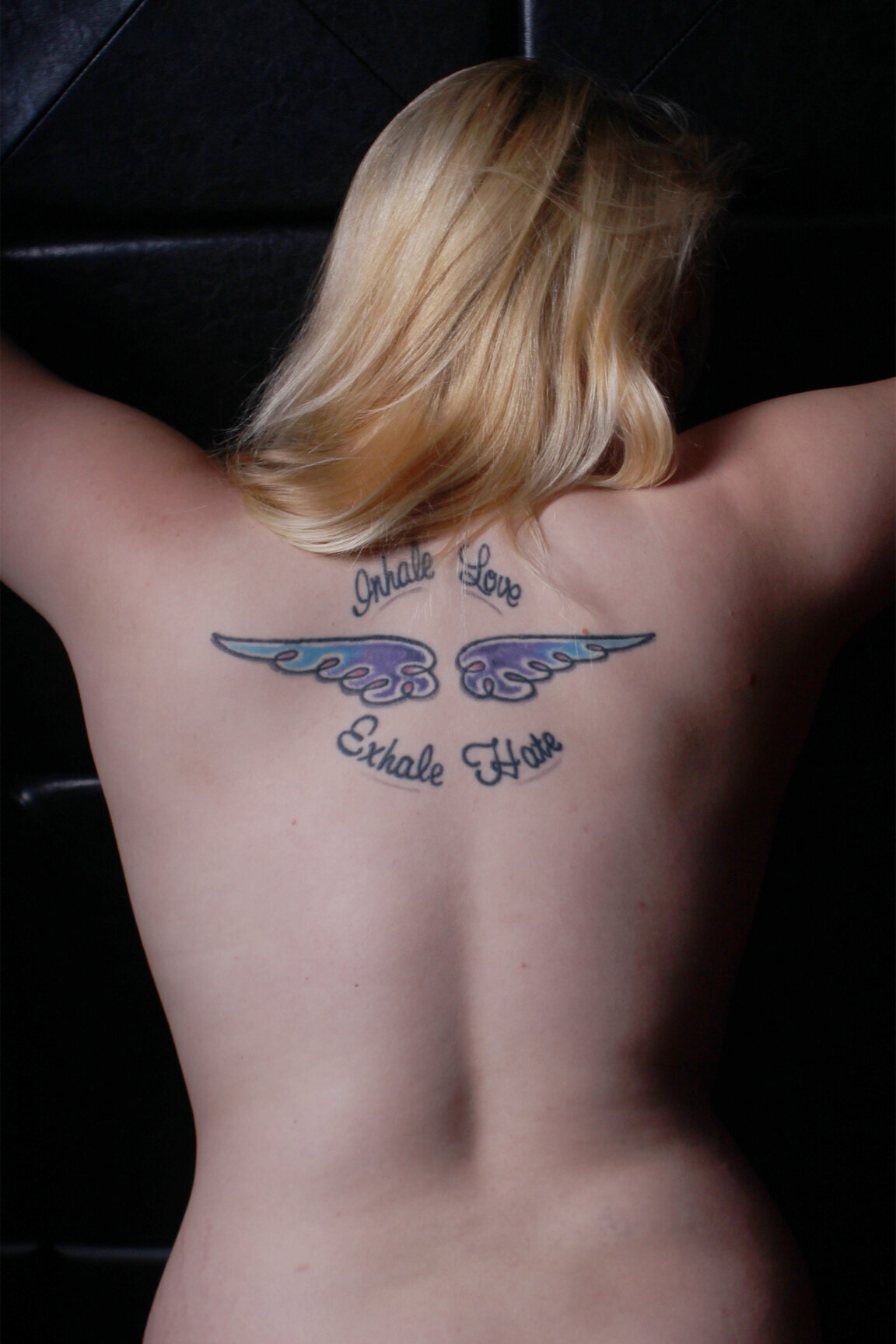 Tattoo, back, shoulders, wings, quote, nude, implied nude, blonde