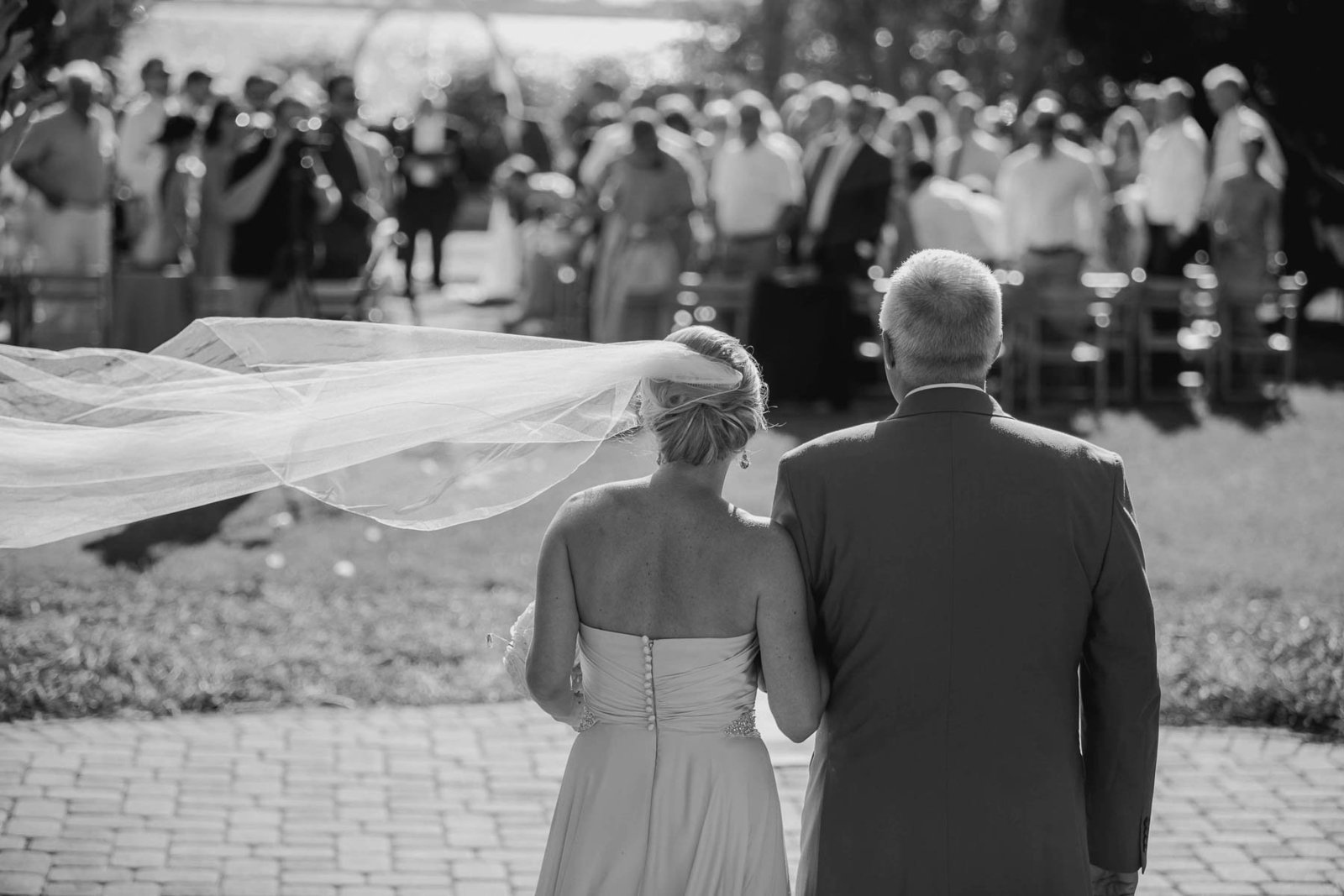 Father walks bride down the aisle, Harborside East, Mt Pleasant, South Carolina. Kate Timbers Photography.