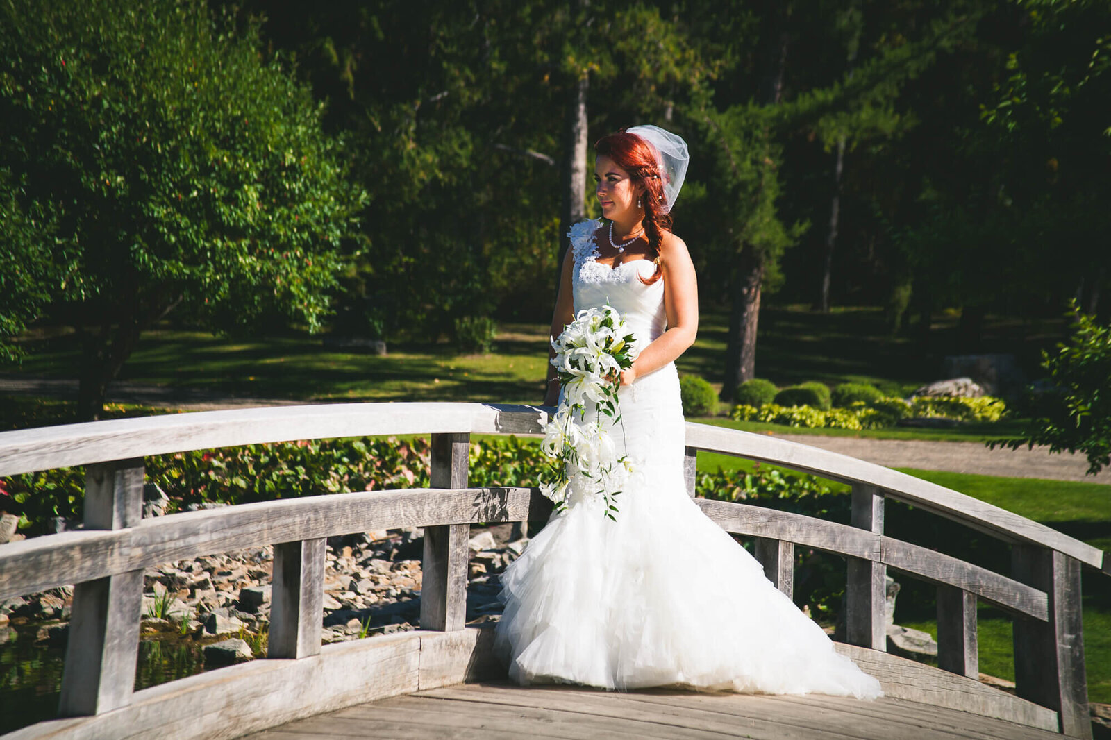 Bride standing on bridge looking away - Japanese Botanical Gardens  Devon