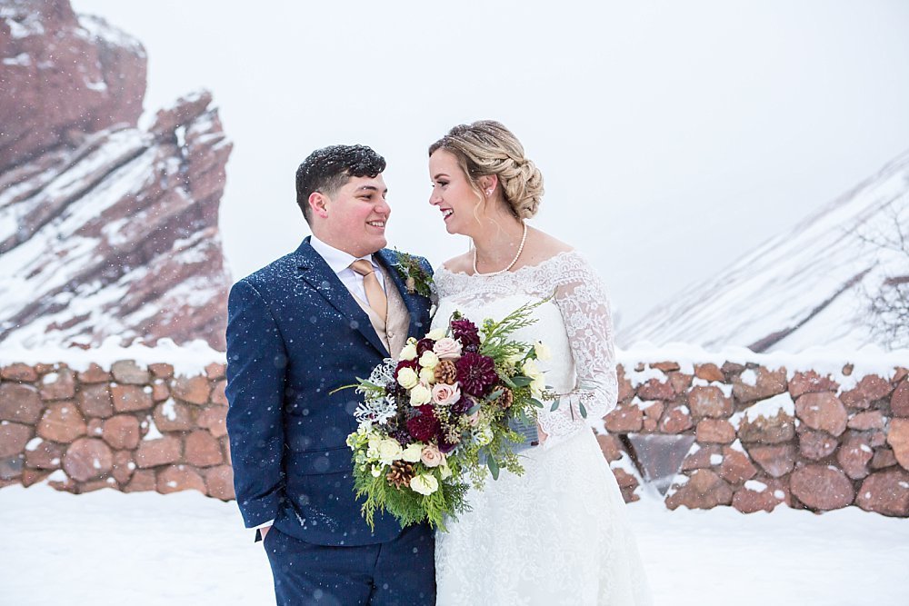 Colorado winter weddings - couple at Red Rocks Park in Morrison