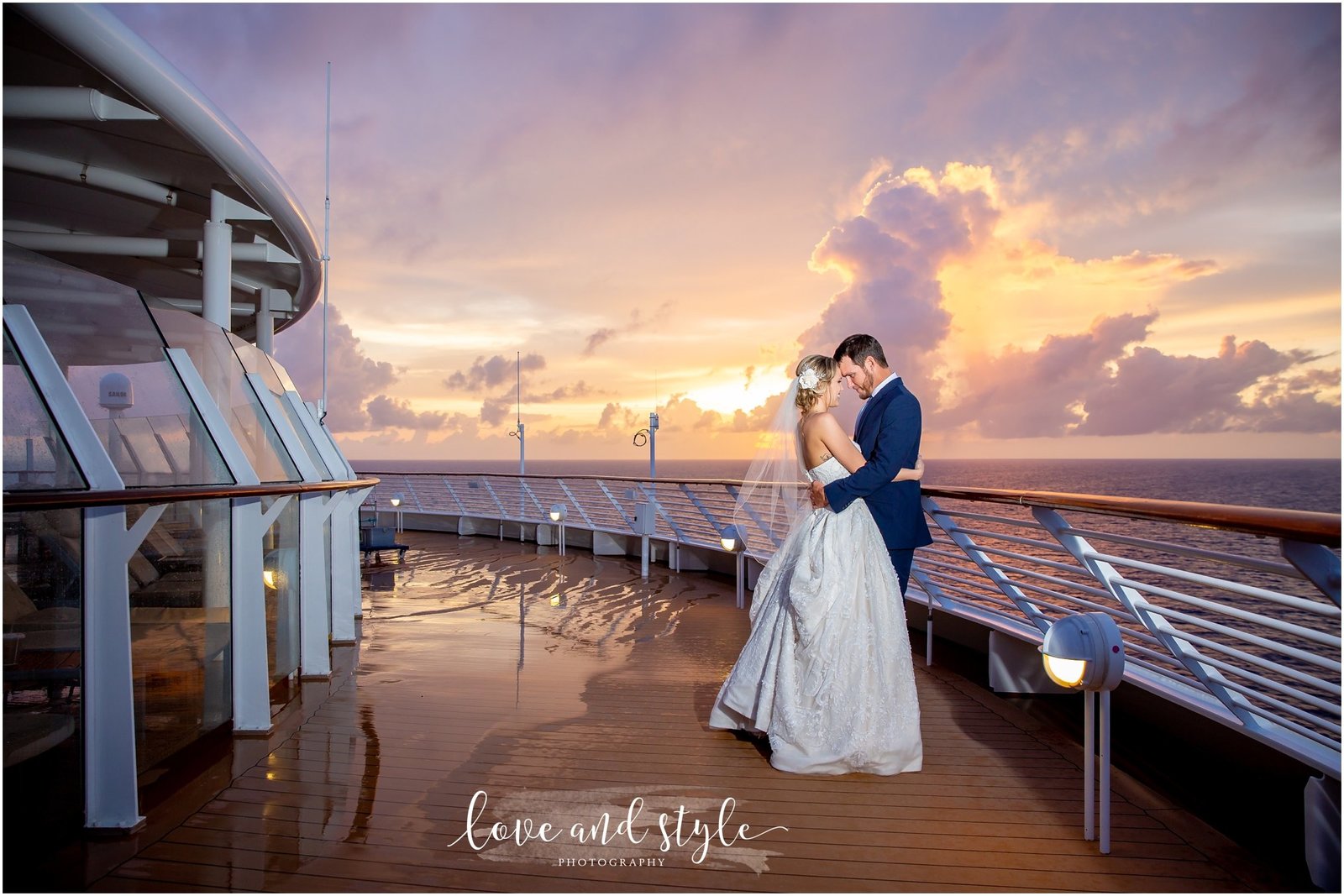 Disney Dream Cruise Wedding Photography bride and groom portrait on the deck with the sunset