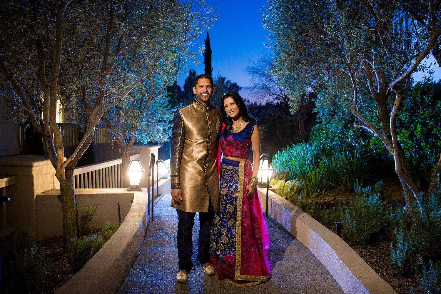 Incredible portrait of Indian bride and groom during sunset at Rancho Bernardo Inn in San Diego