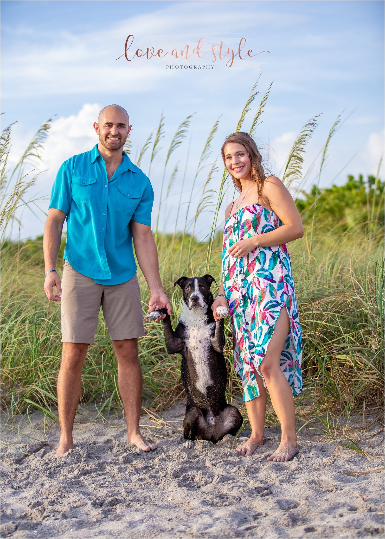 Engagement Photography at Venice Dog Beach of couple holding hands with their dog