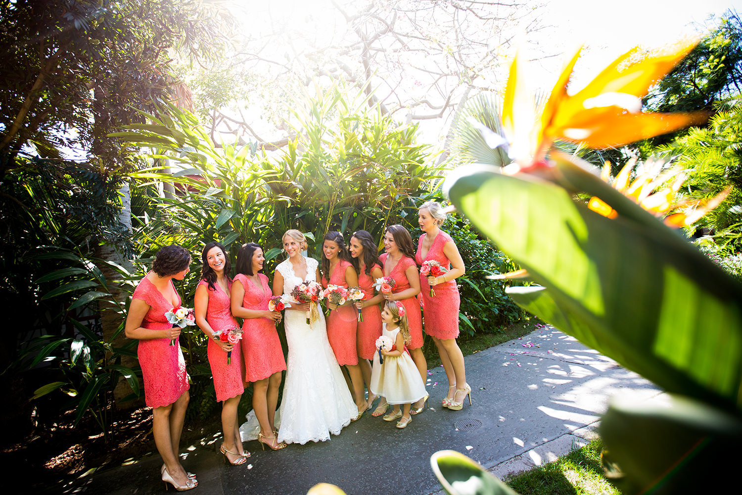 tropical shot with bridesmaids