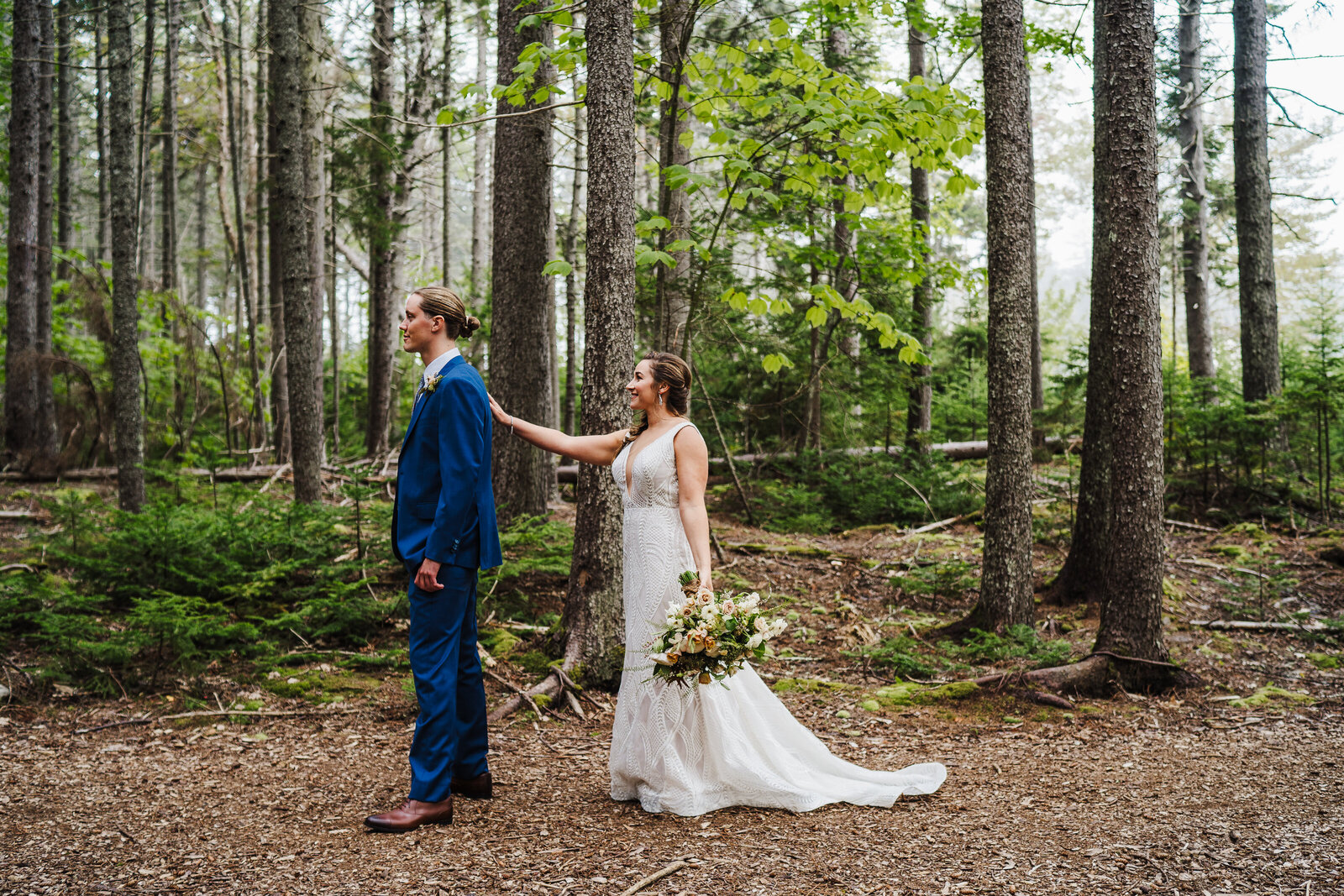 first look in a forest for a boston elopement