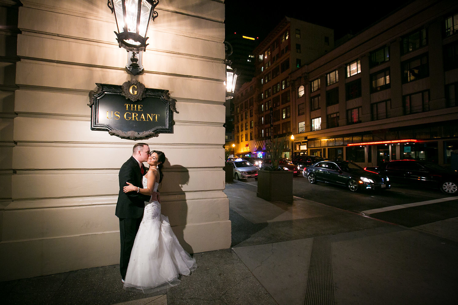 night shot with bride and groom at us grant hotel