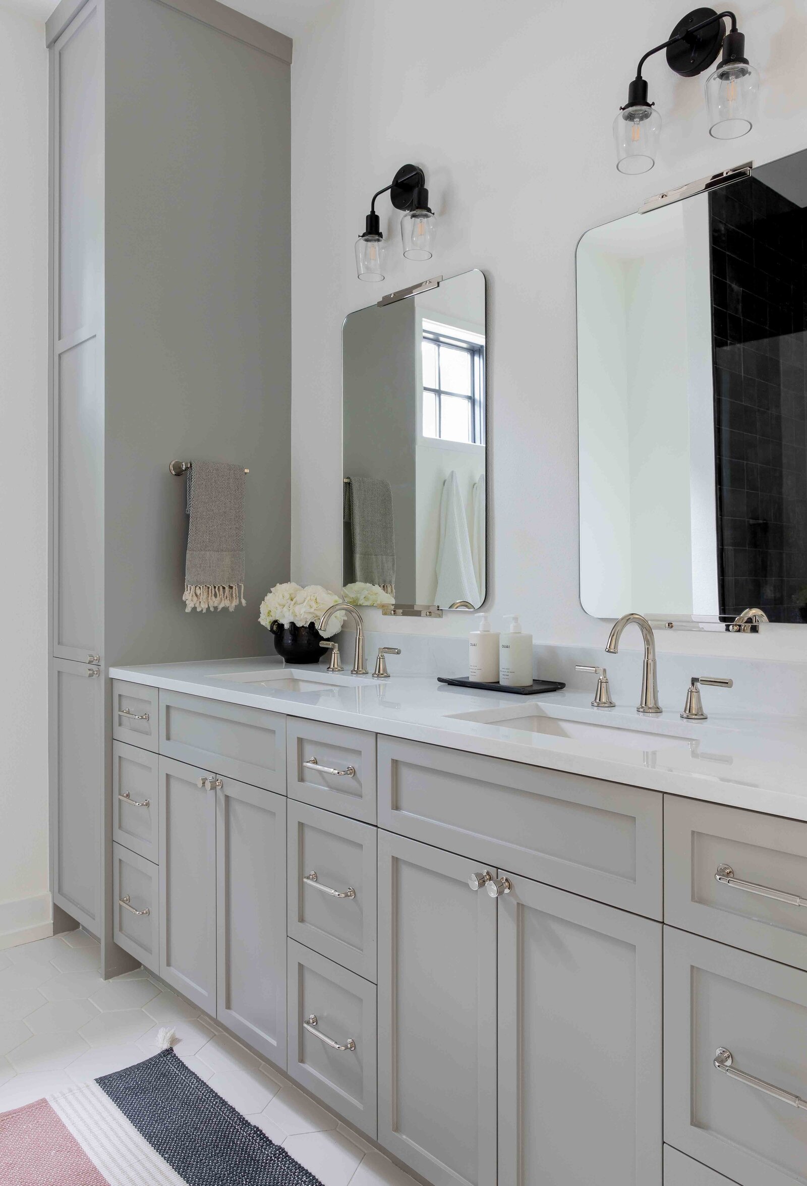 Nuela Designs-Gray Cabinets and White Countertop Bathroom