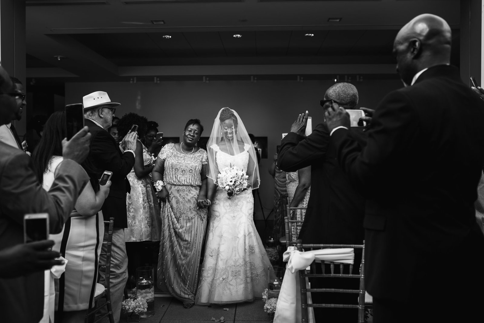 Foundation of the Carolinas, black and white wedding, walking down the aisle