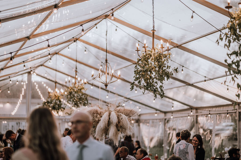 clear tent with chandeliers and hanging greenery while guests mingle