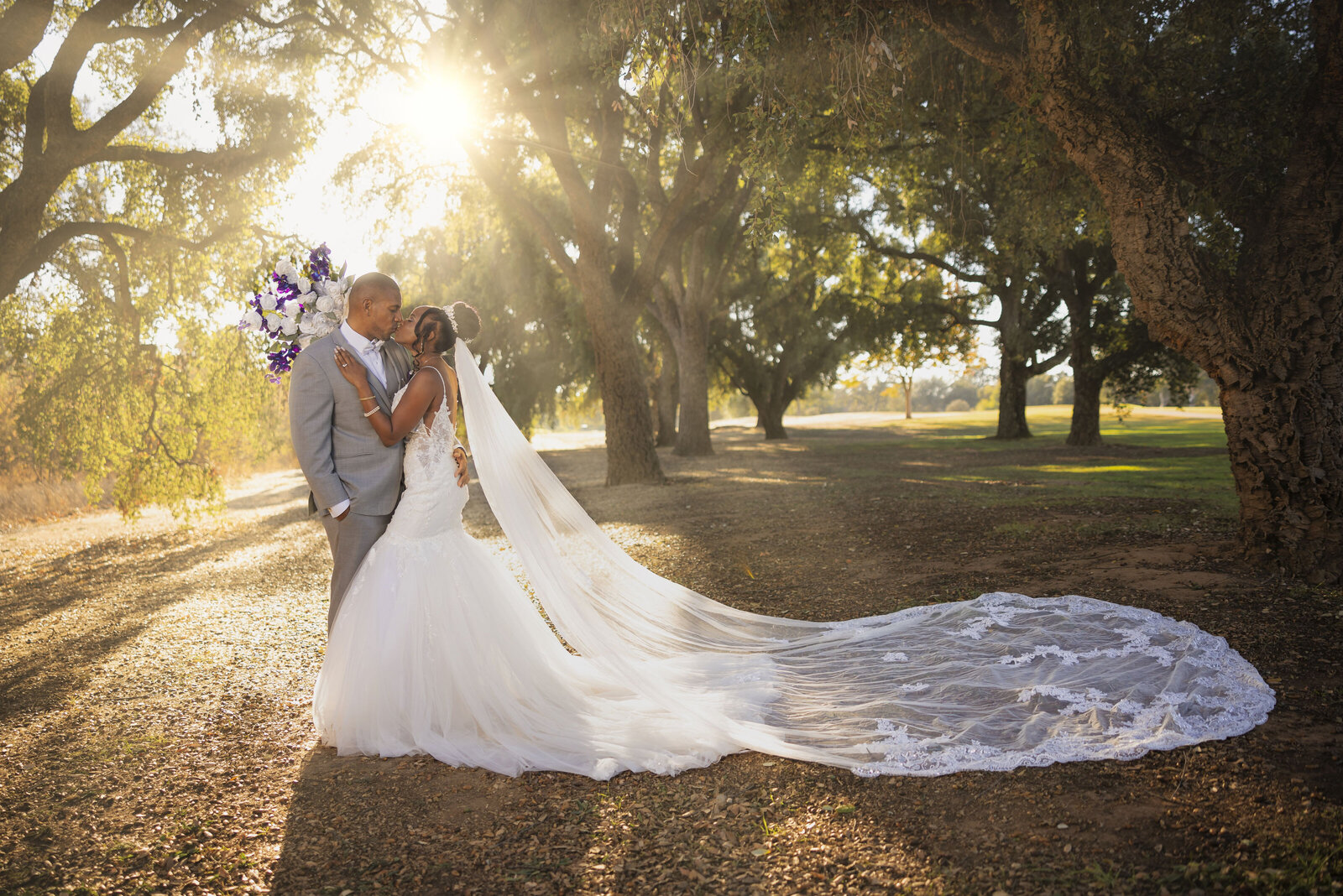 Bride and groom kiss in trees at sunset, photo by wedding photographer in Sacramento, CA Philippe Studio Pro.