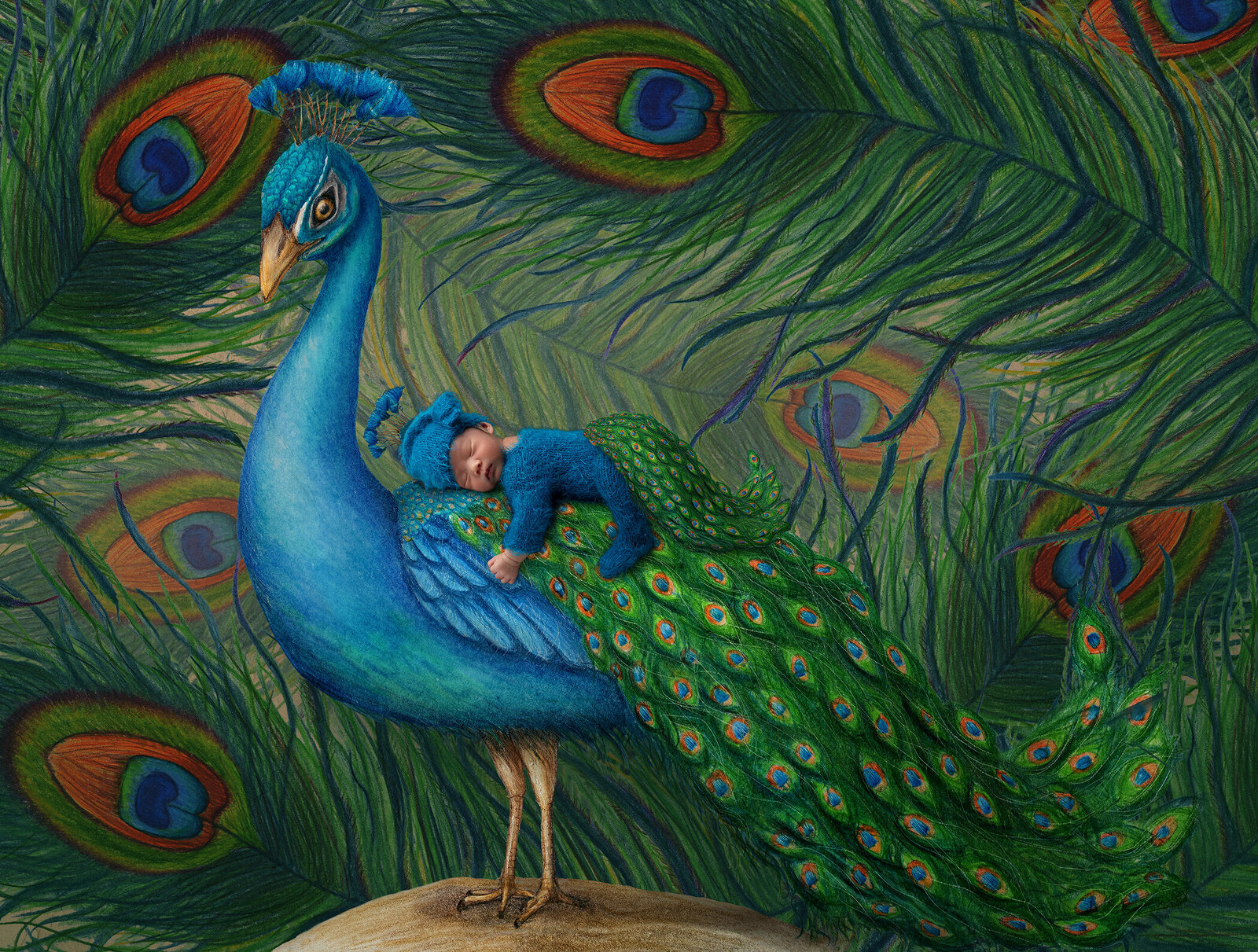 Newborn boy snuggle peacock