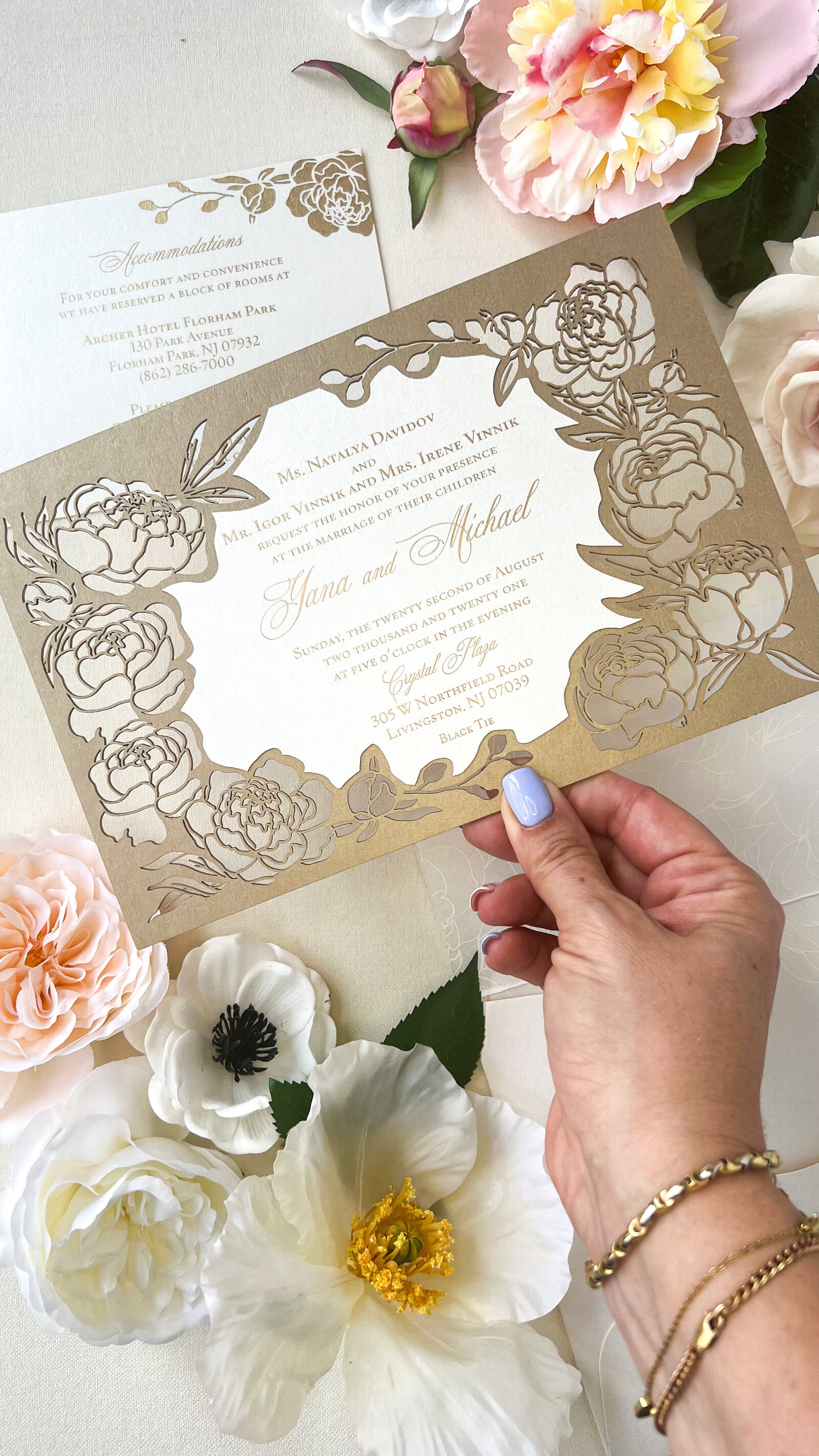 Laser cut gold ink and champagne floral wedding invitation-47