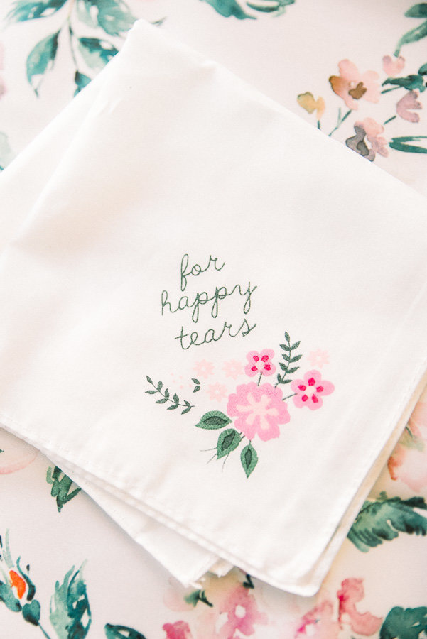 Agua Linda Farms Wedding Detail Photo of Father's Handkerchief That Reads For Happy Tears | Tucson Wedding Photographer | West End Photography