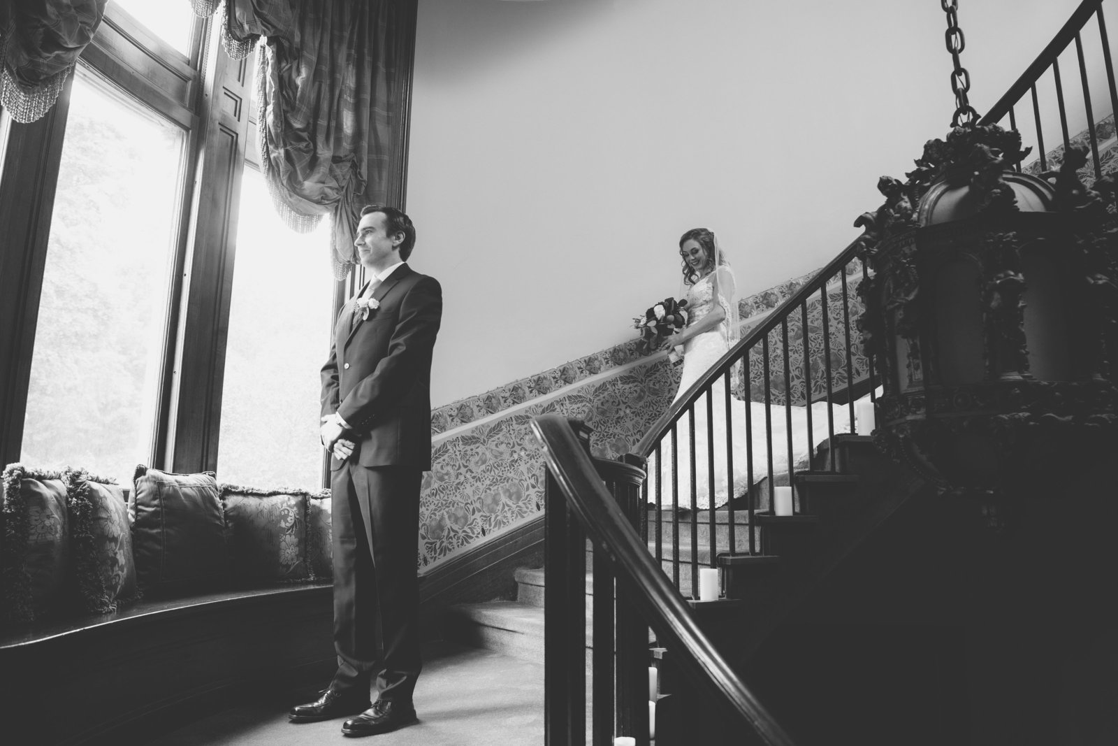 black and white first look bride and groom photo at Coindre Hall