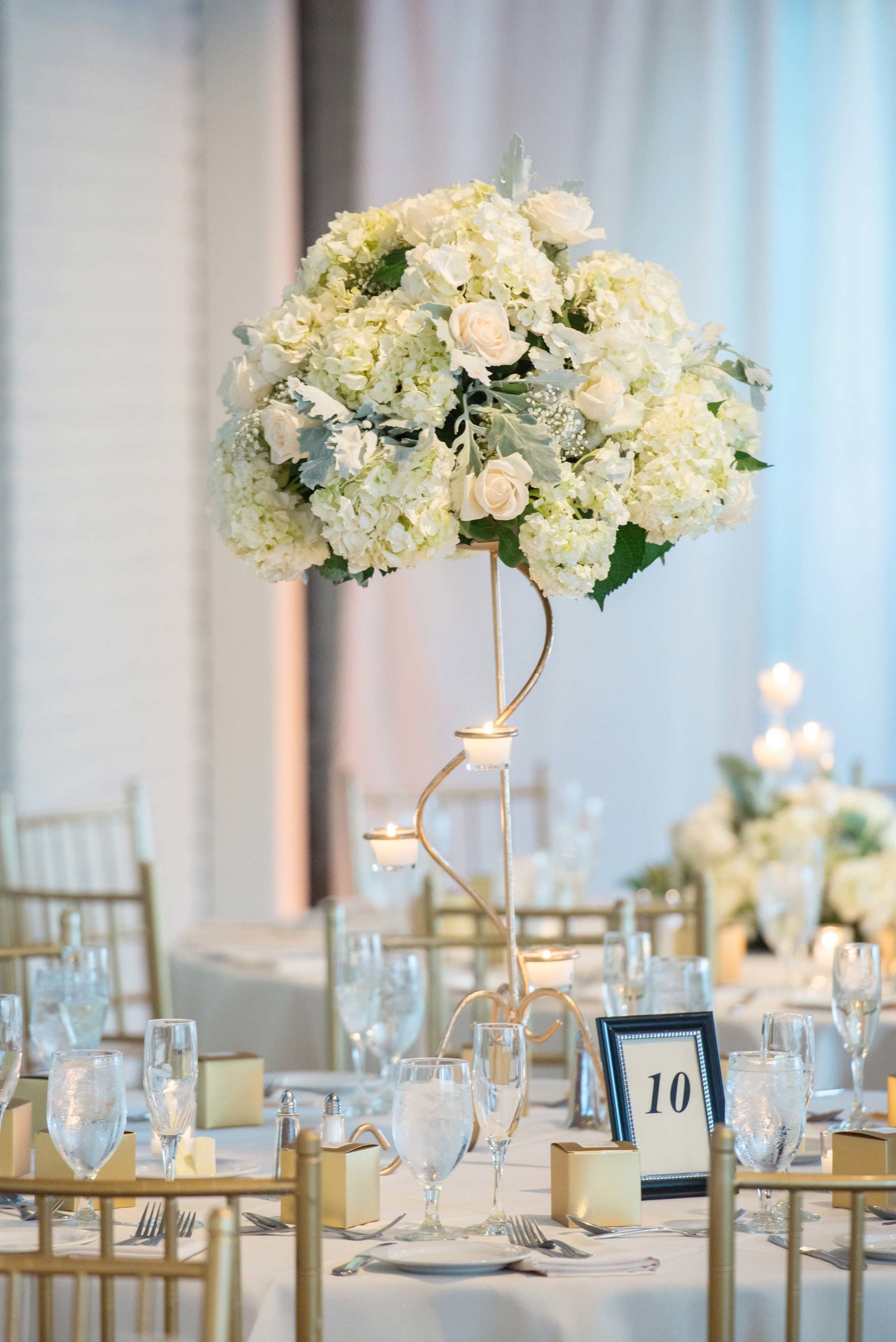 White wedding centerpiece at Coindre Hall