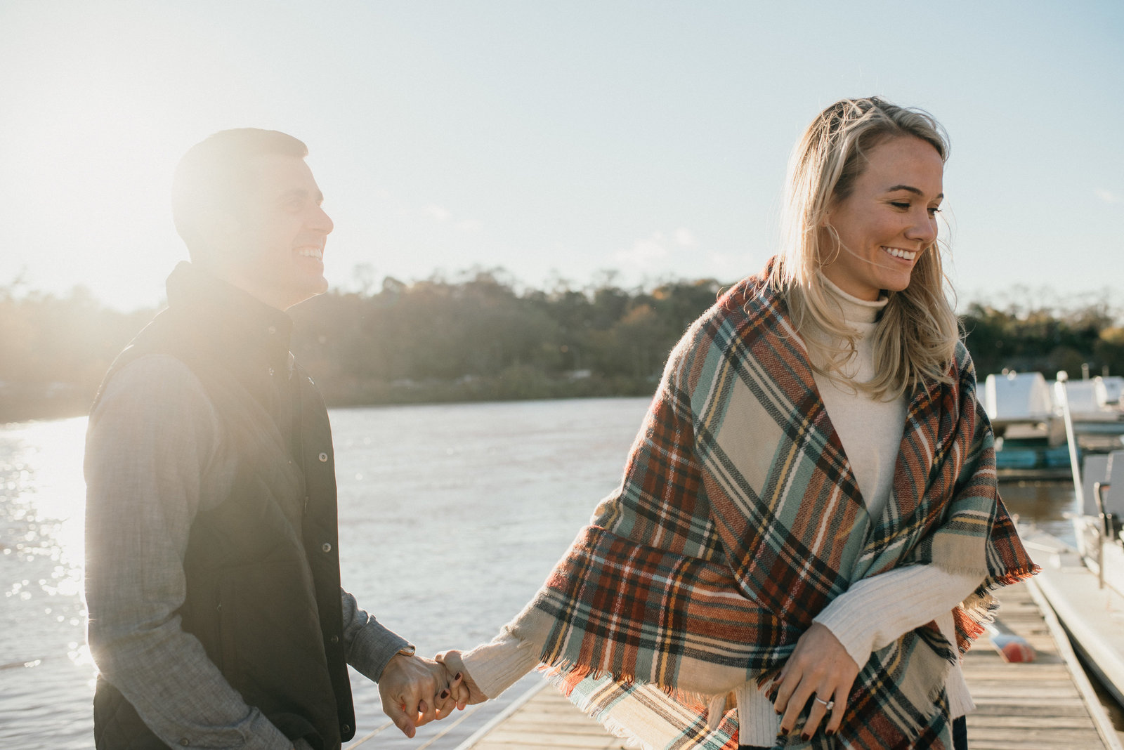 Stylish couple photographed at Philadelphia's iconic Boat House Row for their engagement session, photography by Sweetwater.
