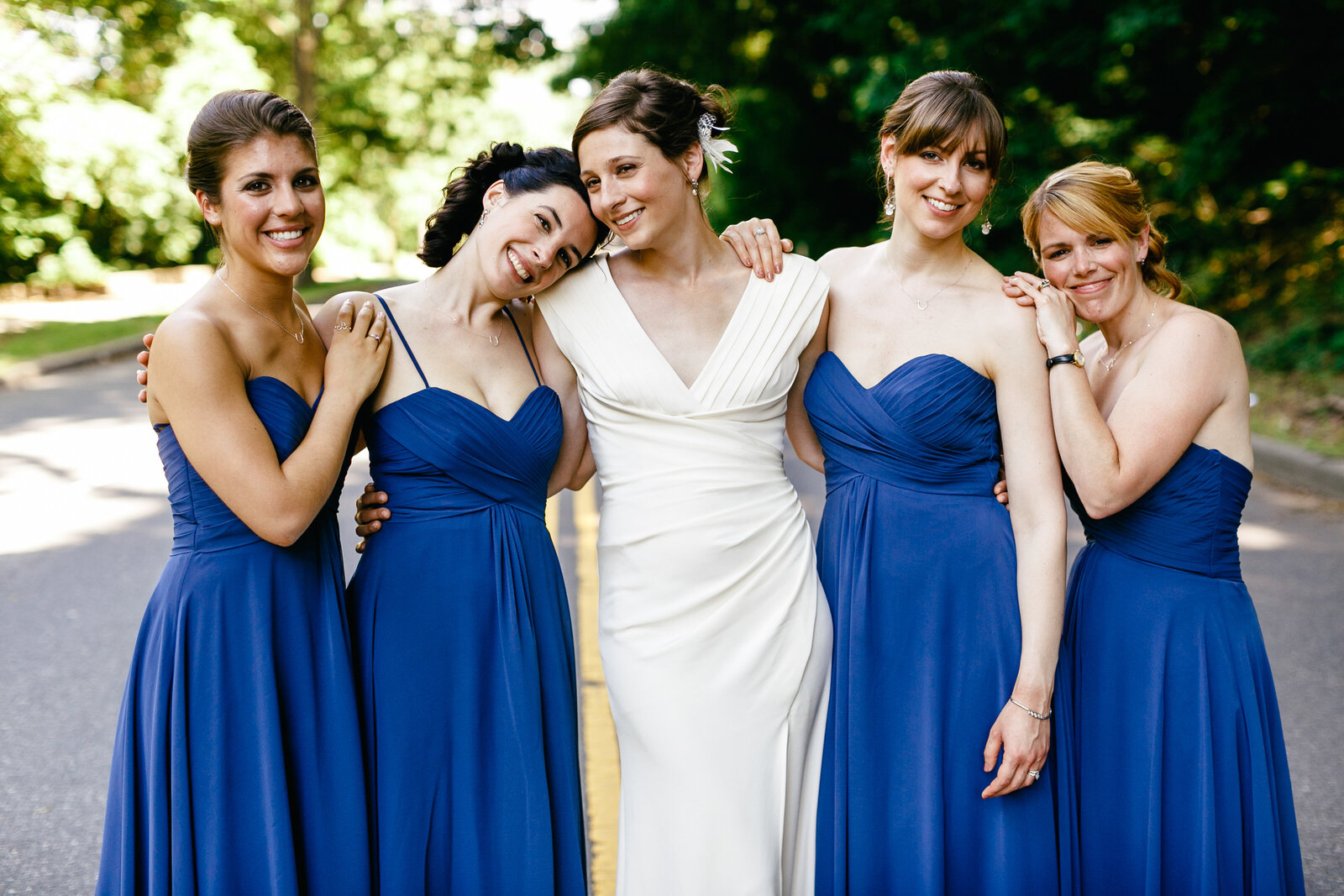 bridesmaids blue dresses city