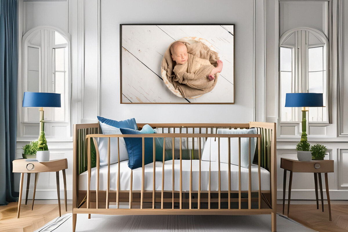 Charlotte  Newborn photographer nursery mock up ai image with newborn portrait wall art as the focus