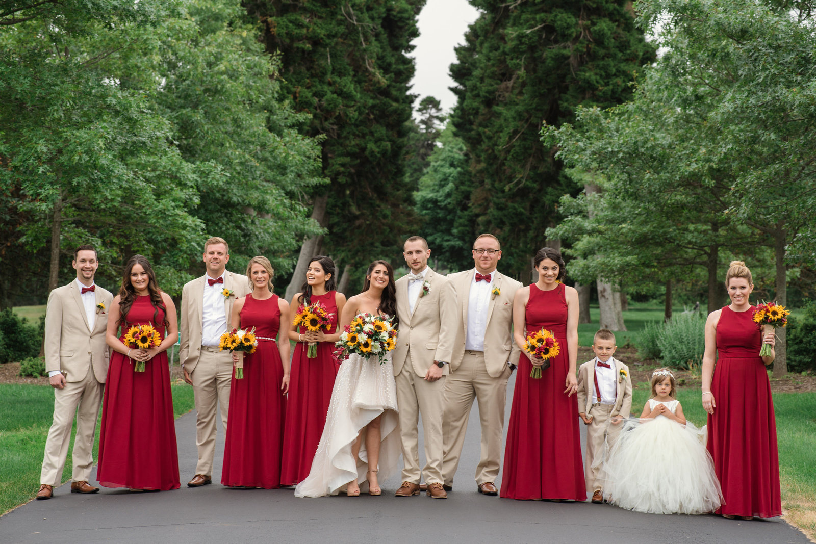 Bridal party photo at the main road of the Bourne Mansion