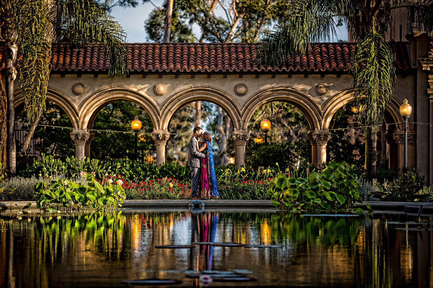 Dramatic portrait of Indian bride and groom at Balboa Park in San Diego