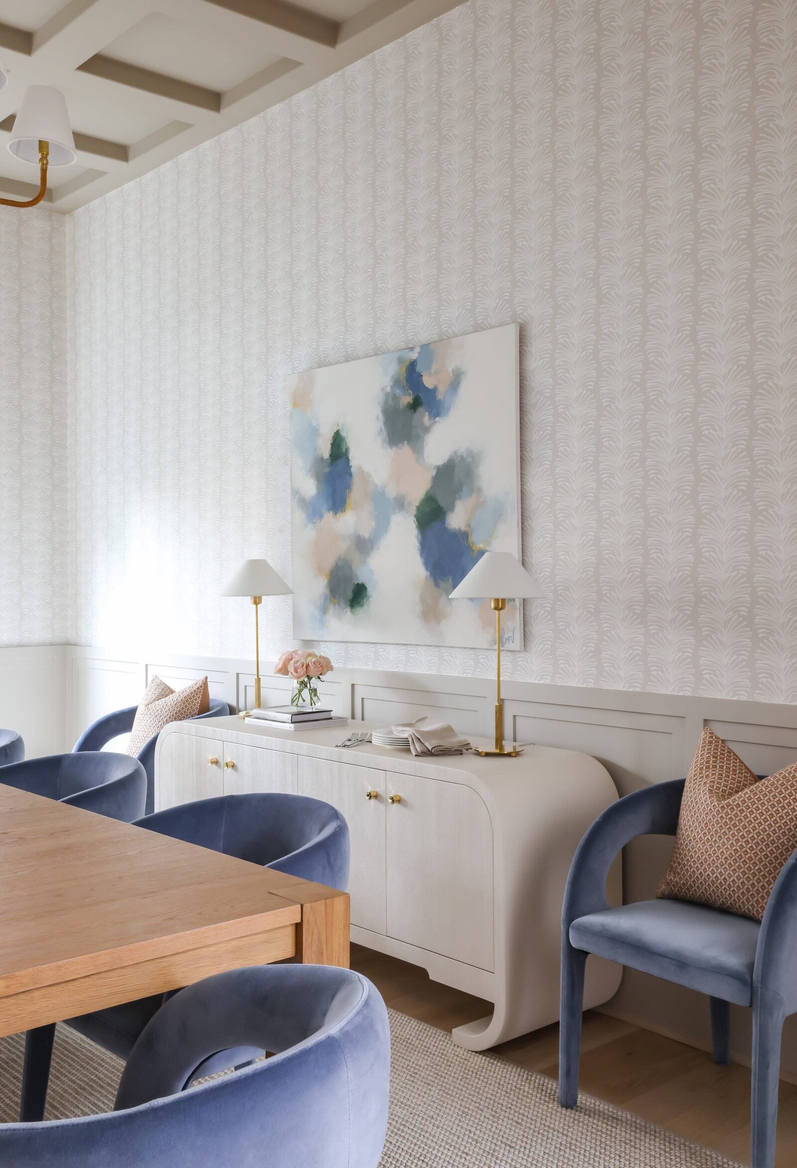 vision and hammer dining room with picture frame and blue chairs
