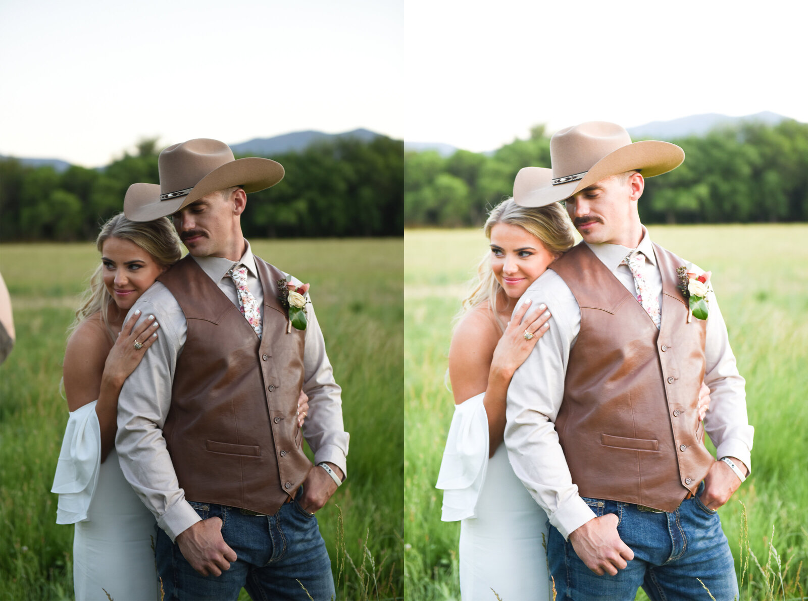 Editing comparison western wedding couple in a green pasture