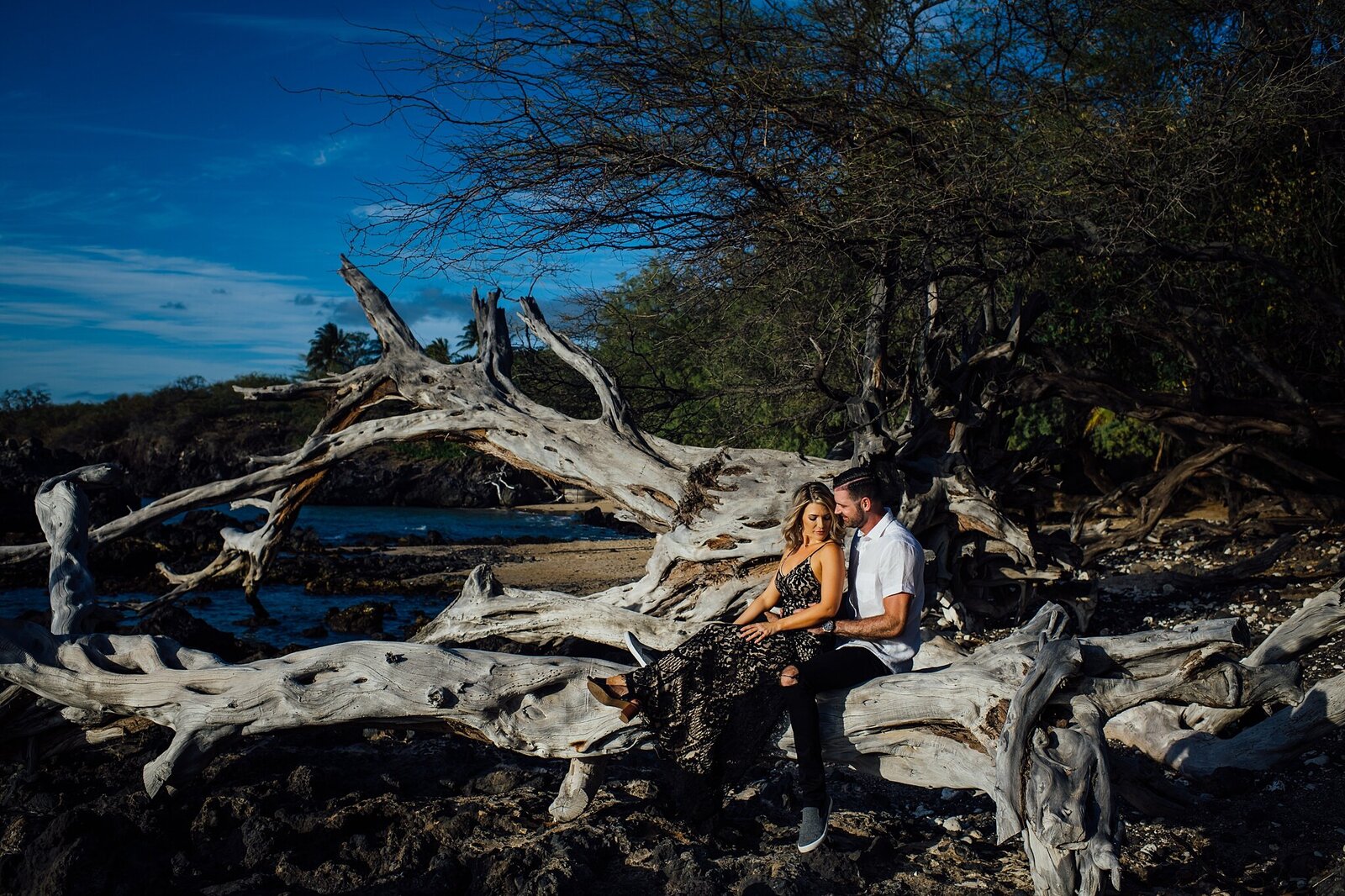 couple sitting on driftwood in hawaii