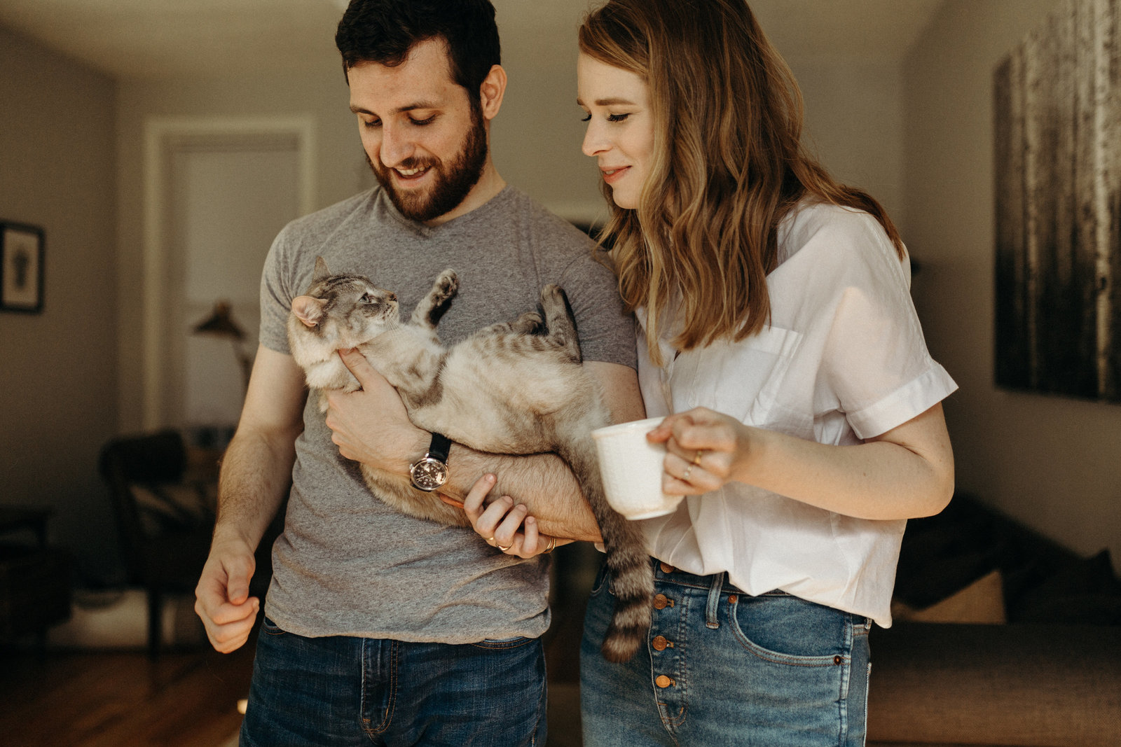 Cat-loving wedding and in-home  engagement session