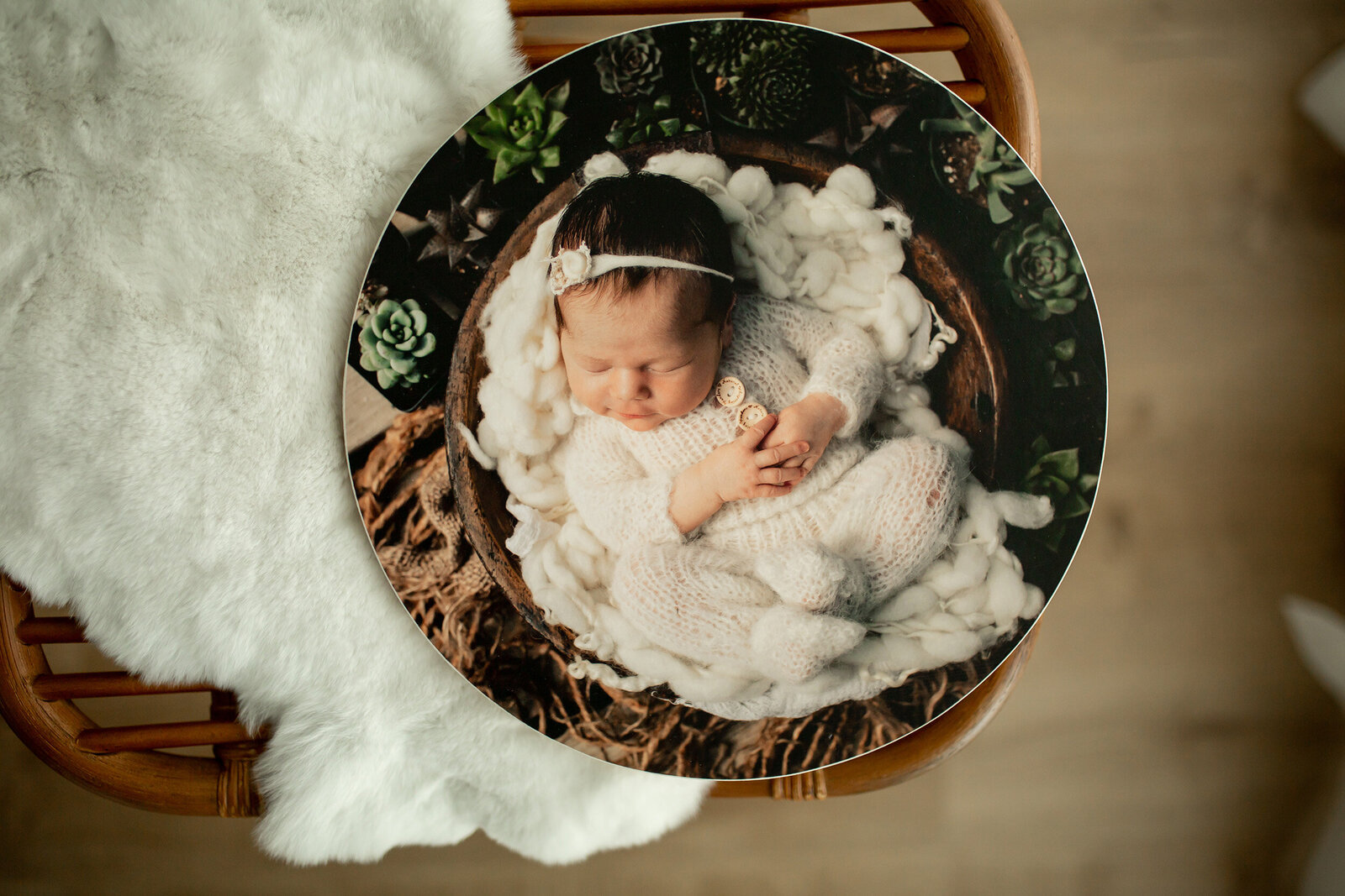 newborn in boho bowl framed in circle wood print